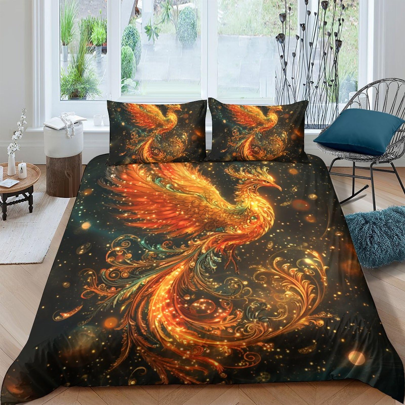 Ctjqhvkz Style-2 3D Printed Phoenix Fire Fitted Sheet Microfiber Soft Breathable Fantasy Bird Mattress Cover For Bedroom Dorm Decor Single（135X200cm）