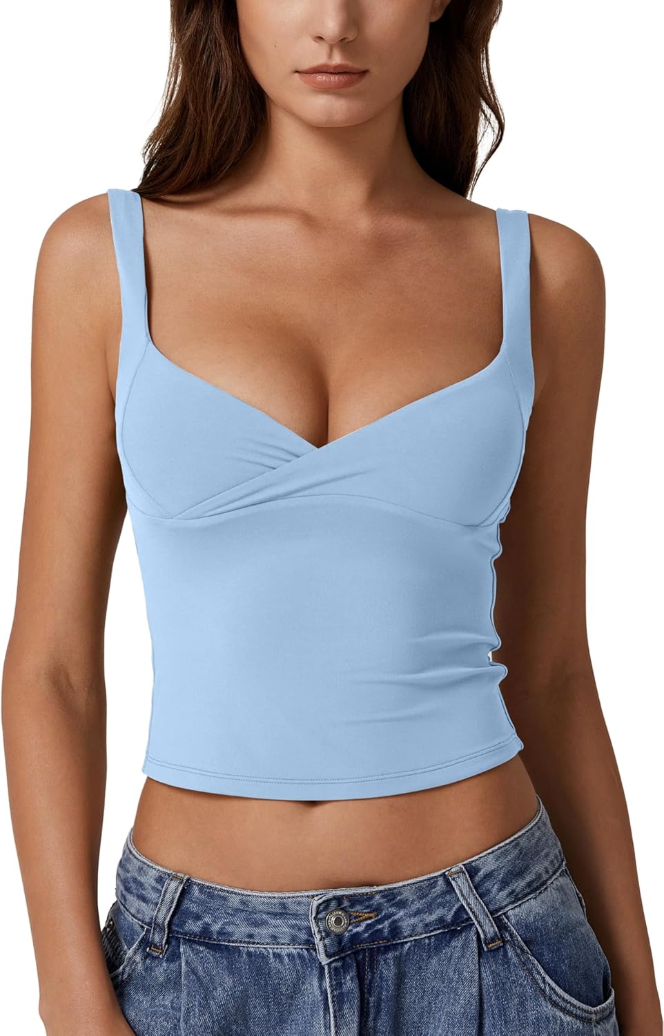 QINSEN Women's V Neck Tank Tops Double Lined Adjustable Strap Camisole Shirt