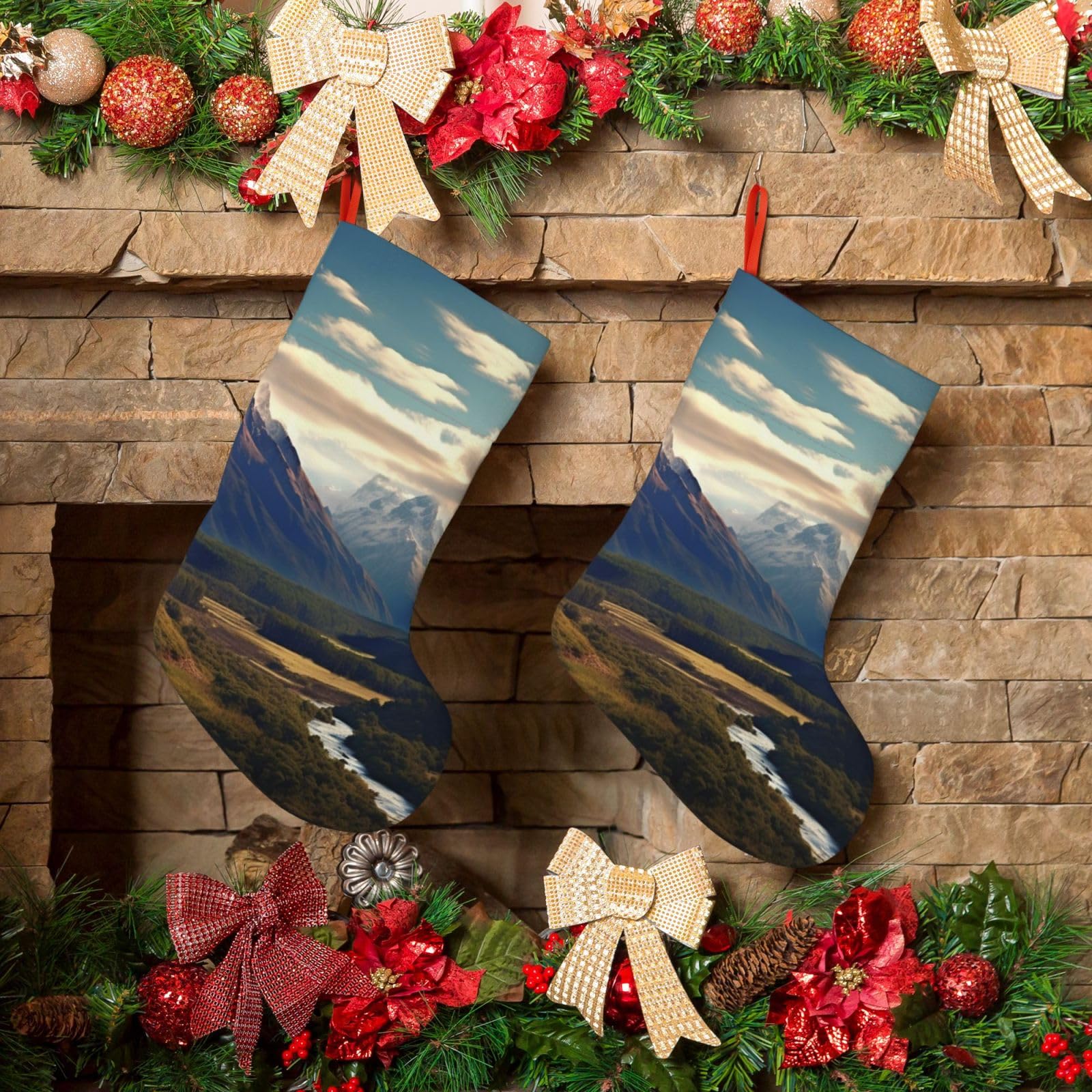 Cook National Park Mountain Landscape Christmas Stockings 18 Inches Velvet Xmas Fireplace Hanging Stocking Rustic Christmas Santa Stockings for Home Christmas Decorations Party Favor Supplies