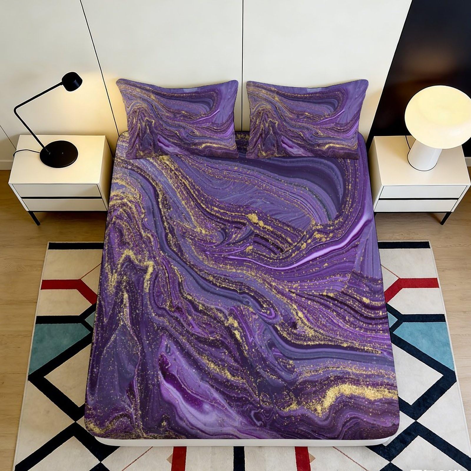 3D Printed Purple Marble Fitted Sheet Microfiber Soft Artistic Swirl Bed Cover for Bedroom Guest Room Decor Dust Protection 90x200x25cm