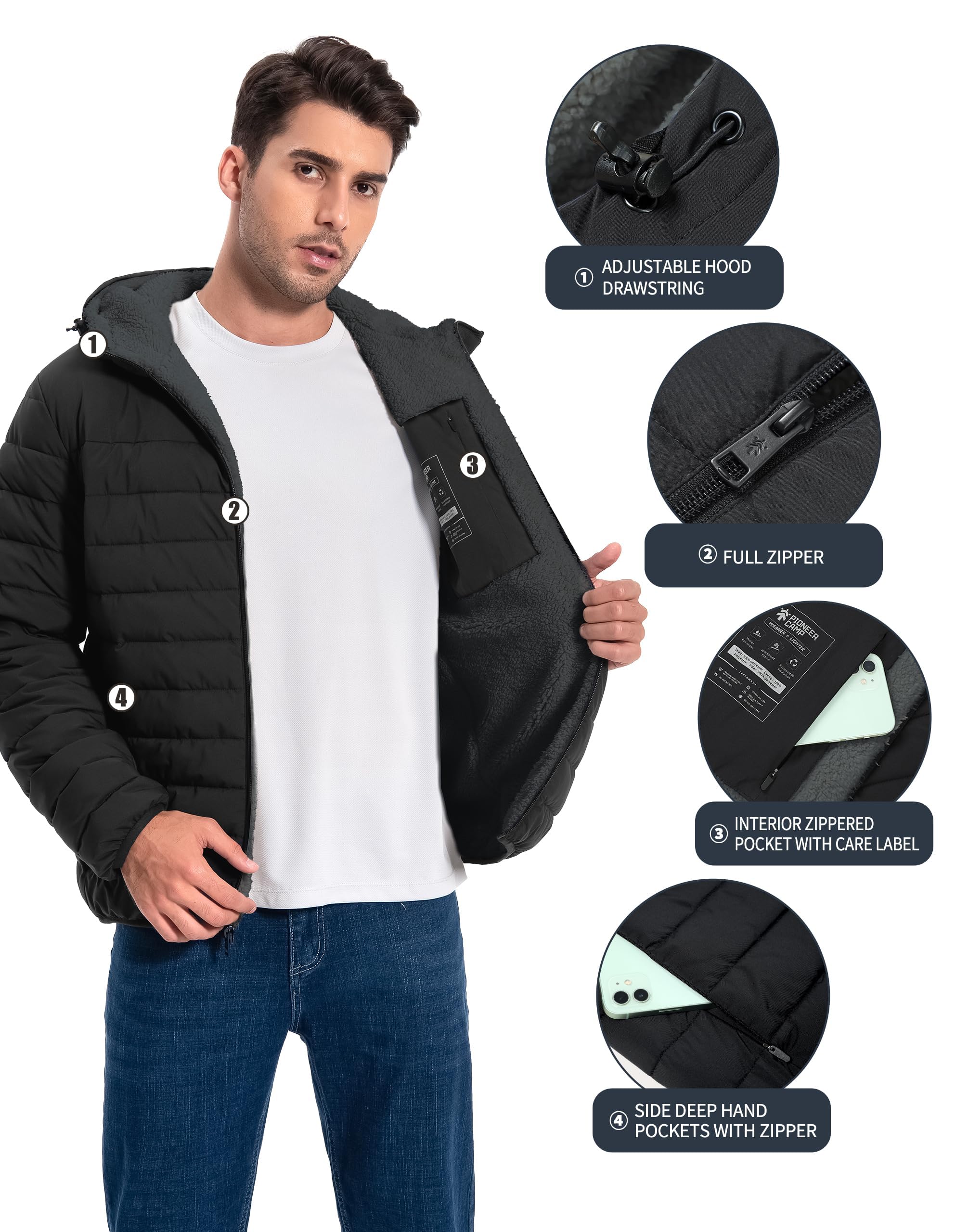 Pioneer Camp Herren Winterjacke Warme Steppjacke mit Kapuze, Sherpa Ausgekleidet Outdoorjacke Männer Wintermantel Gefütterte Winddichte Jacken