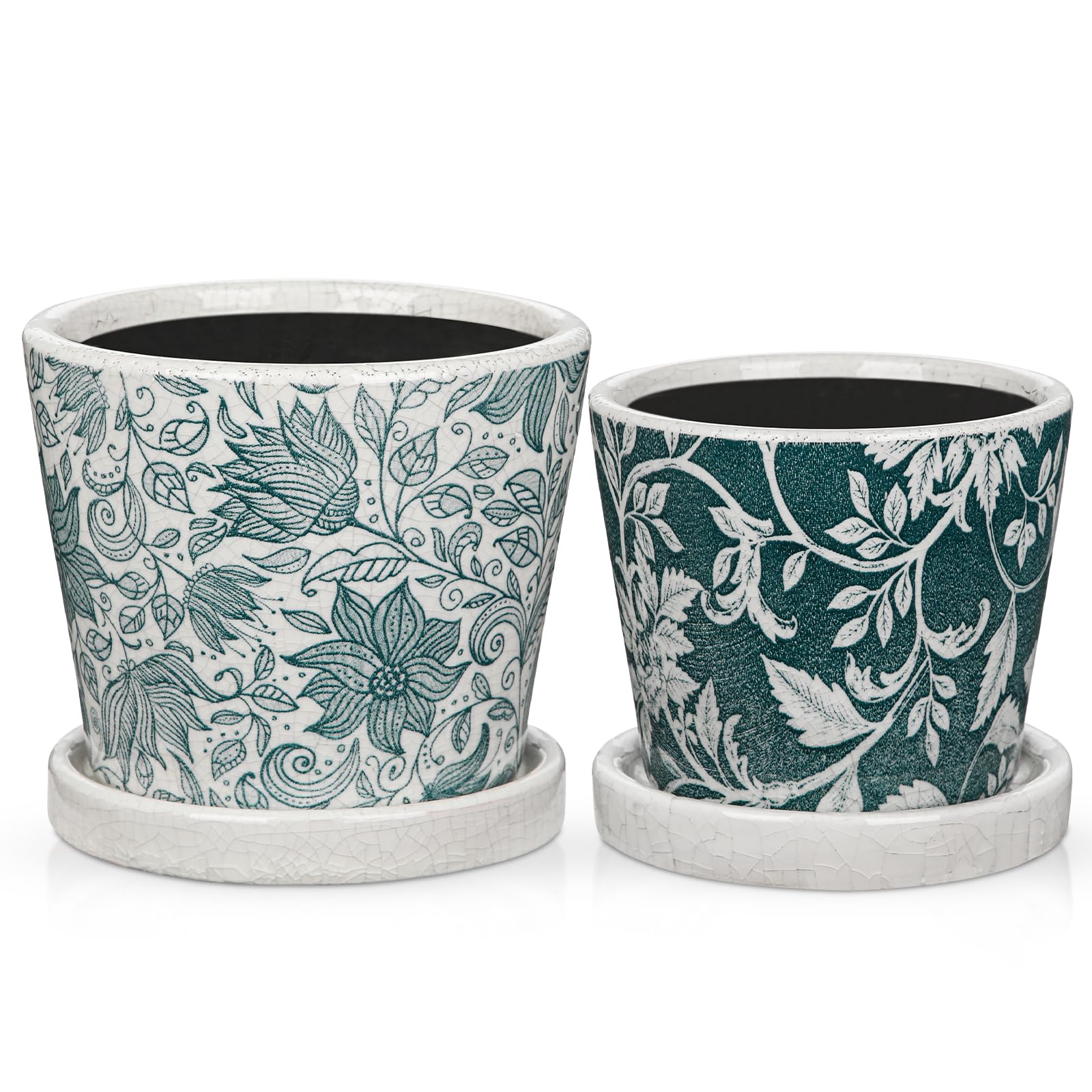 Oairse Set of 2 Green and White Ceramic Planter 12CM 10CM Ceramic Plant Pots Indoor with Drainage Holes and Saucers Tray Decorative Flower Pots Garden Pot for Succulent Cactus House Plants