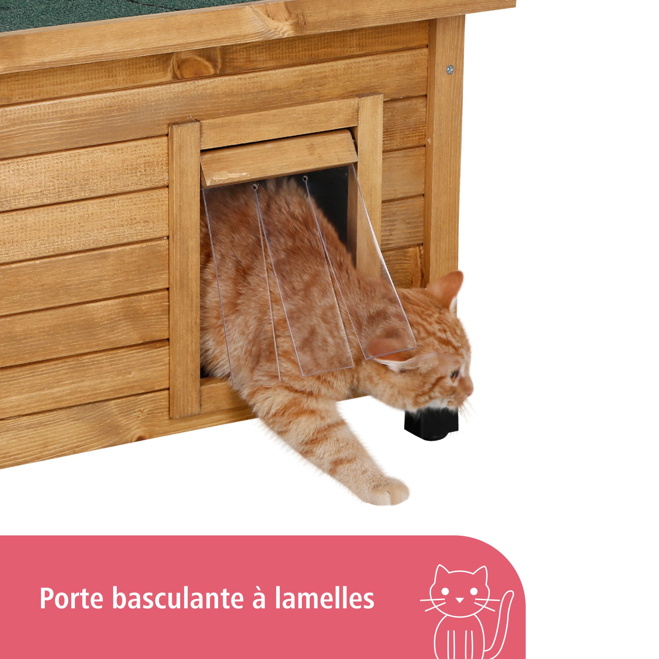 Kerbl Maison pour chat en bois Rustica, porte à lamelles, fenêtre en plexiglas, pieds en plastique réglables en hauteur, marron/vert, 57 x 45 x 43 cm