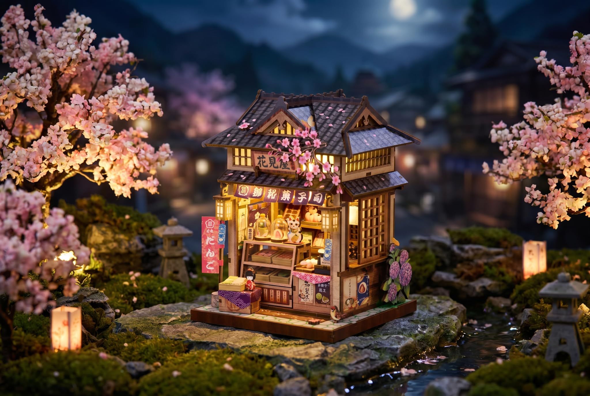 Hanamiya - Kit fai da te per casa delle bambole in miniatura, puzzle 3D in legno con luce LED, fiori di ciliegio e mobili, decorazione accogliente per la casa, hobby rilassante per adulti