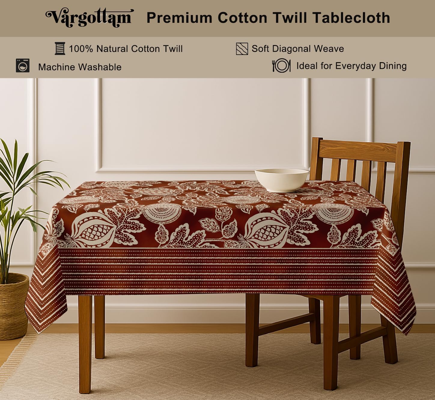 Leaves Design Tablecloth- Brown 60x60 Inch Cotton Twill Dining Table Cover, Perfect for 4 Seater Tables, Durable, Protective & Washable, Ideal for Everyday Use, Festive Occasions & Gathering