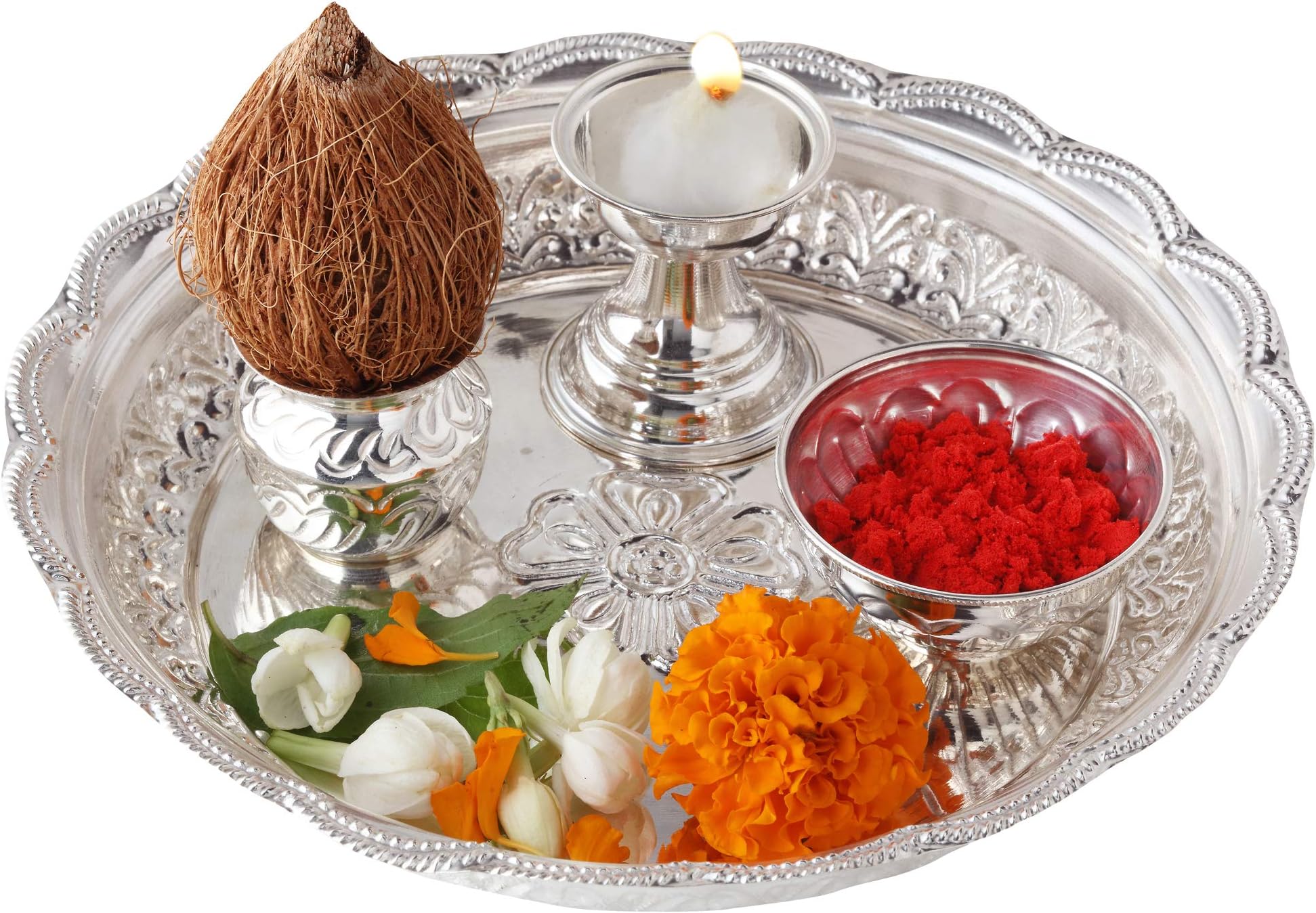 Pure Silver Puja Thali Set ( Plate + Katori +Diya +Loti ) Net Weight 105-110 Grams Approx For Rakhi,Diwali,Dhanteras,Navratri,Silver Puja Article