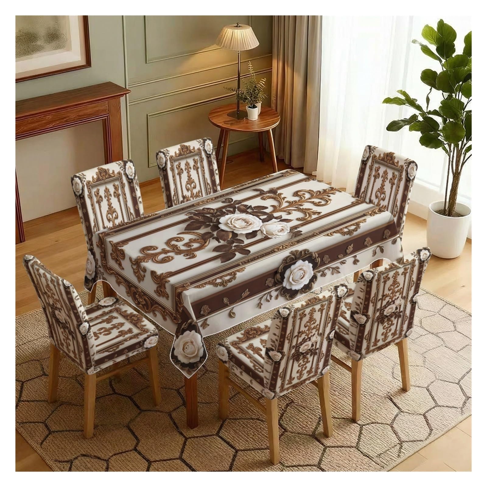 KXUAUV Cream Gold Baroque Rose Print Tablecloth & Chair Covers Set, Stretch Slipcovers For Wedding, Banquet & Formal Dining Decor, 5/7 Pack Party Decor(7pcs Set: Tablecloth+Chair Covers)