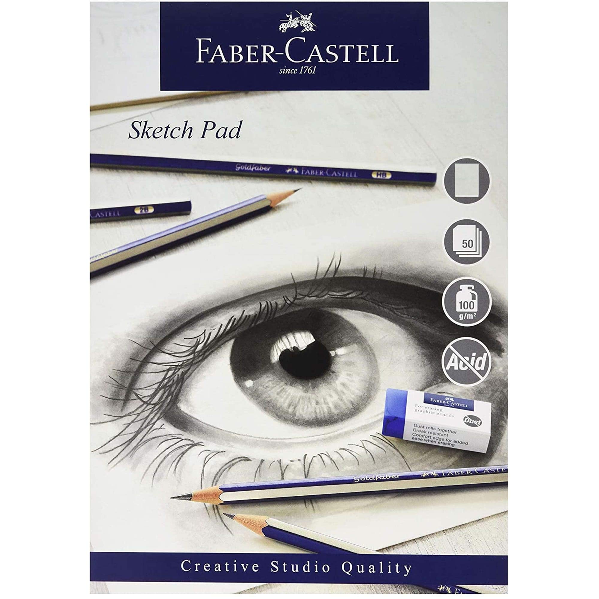 Faber-Castell Creative Studio Sketch Pad, A4, Acid Free Gummed Paper Pad 100 GSM, 50 Sheets for Graphite, Coloured Pencils, Charcoal, Sketching, Arts, Craft, Home and School