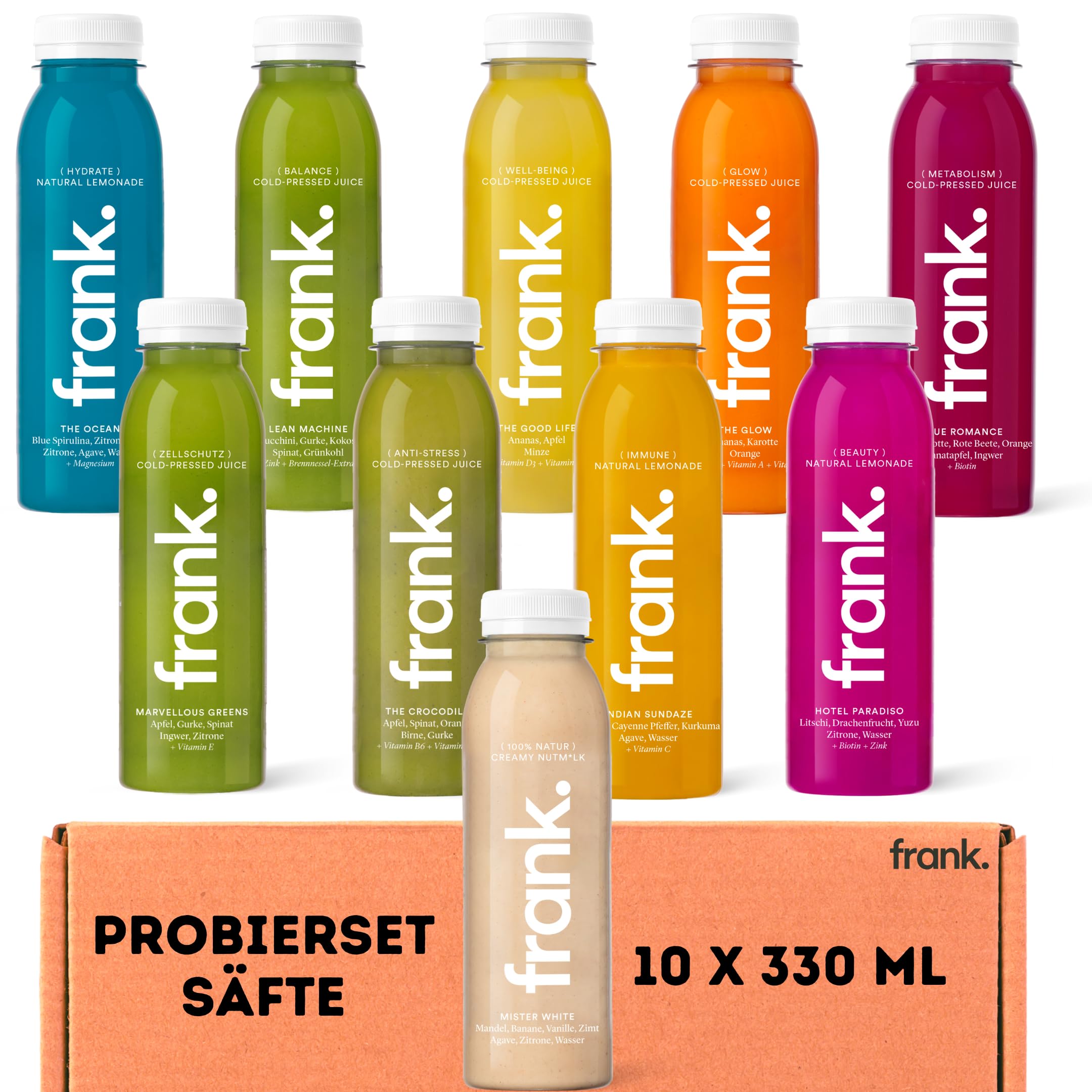 Frank Juice Saftkur Probierpaket 10x 330ml Kaltgepresste Säfte Obst Gemüse ohne Zusätze