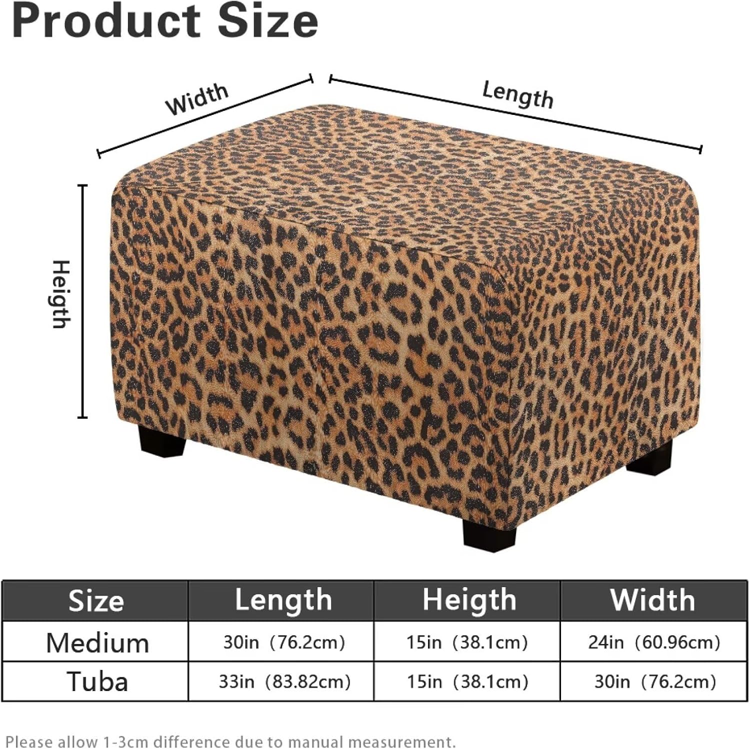 Leopard Print Ottoman Cover Rectangular Stretch Square Ottoman Covers Slipcover Rectangle Washable Foot Stool Cover Thick Storage Protector with Elastic Bottom