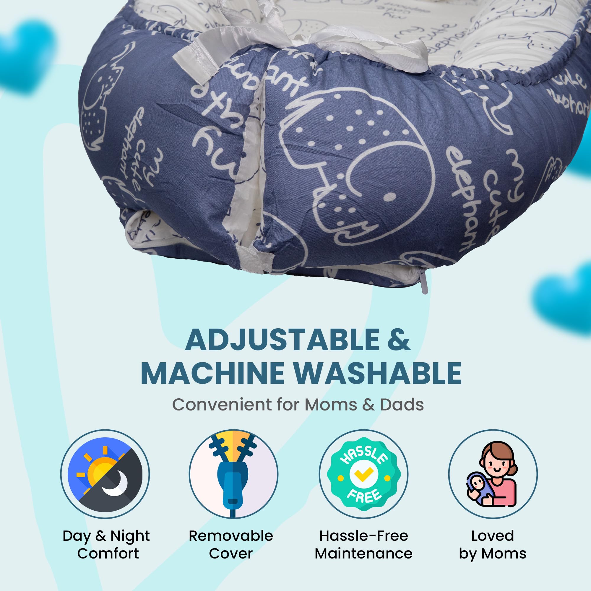 Baby Nest Pod pour nouveau-né – Chaise longue réglable pour bébé (bébé éléphant-bleu)