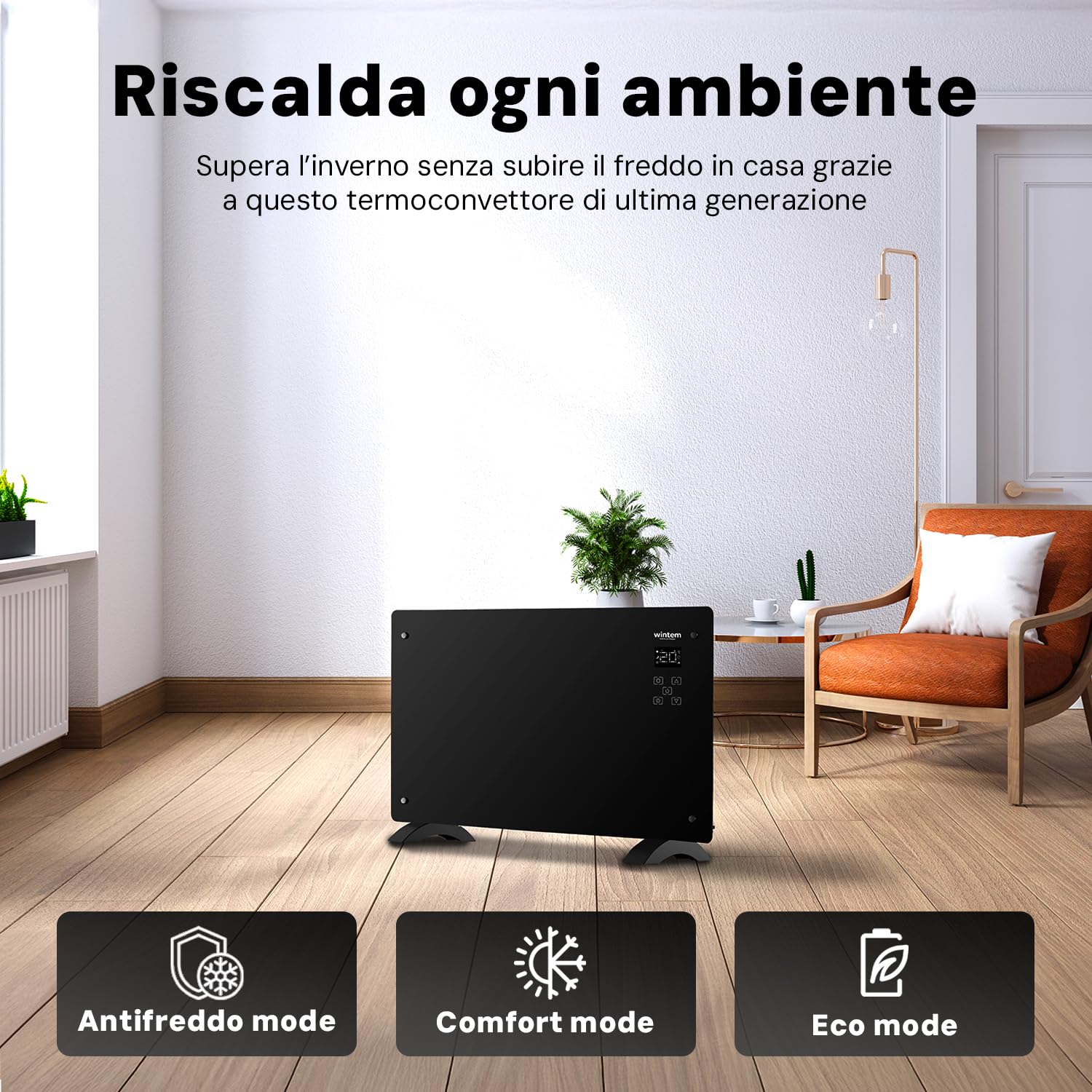 Avilia Termoconvettore Elettrico 1500W in Vetro con Display LED, Comandi Touch, Timer e Tecnologia Avanzata - Fissaggio a Muro o Terra - Compatibilità con Google Assistent e Alexa - 47x77x23cm