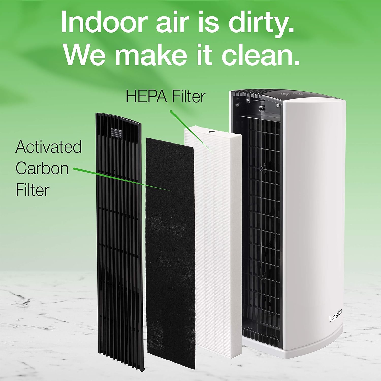 Lasko LP300 HEPA Tower Air Purifier with Timer for a Cleaner, Fresher Environment –2-Stage Filtration Removes Smoke, Odors, Pet Dander, Virus Sized Particles, Pollen, Dust, 21.6" x 7.3” x 10.3”, White