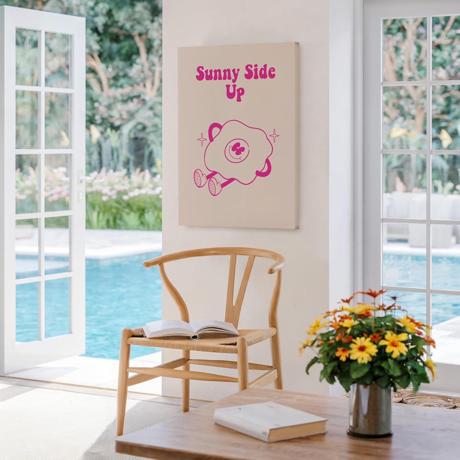 Poster Master Sunny Side Up Canvas - Retro Egg Print - Groovy & Funky Art - Trendy Pink Preppy Wall Design - Chic Boho Kitchen Art - Funny Dining Room Wall Decor - 8x10 STRETCHED Canvas