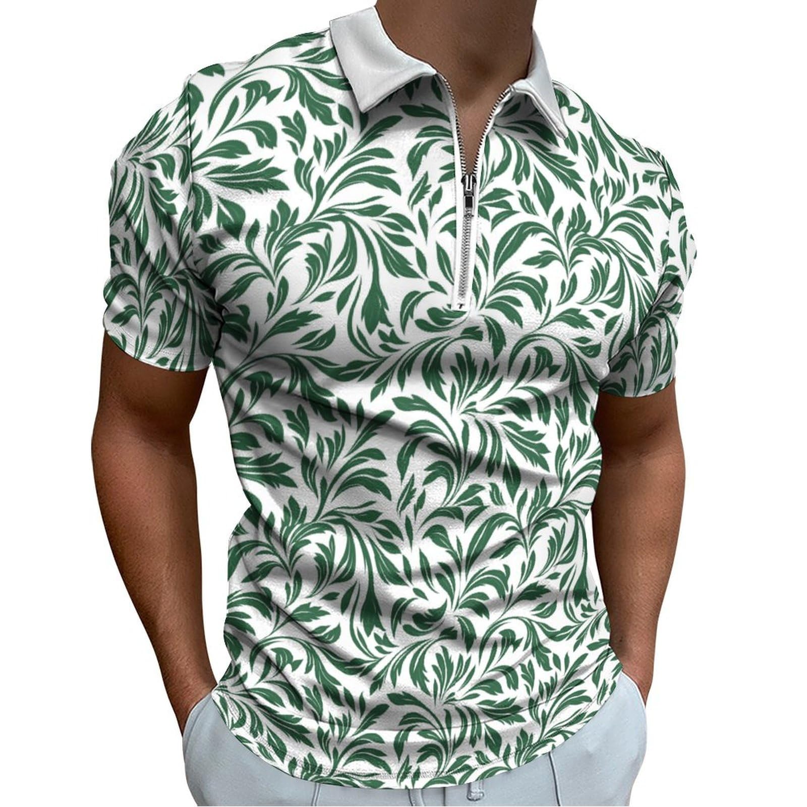 Mens Floral Printed Hawaiian Polo Shirts Zipper Short Sleeve Golf Shirt Moisture Wicking V Neck Casual Slim T