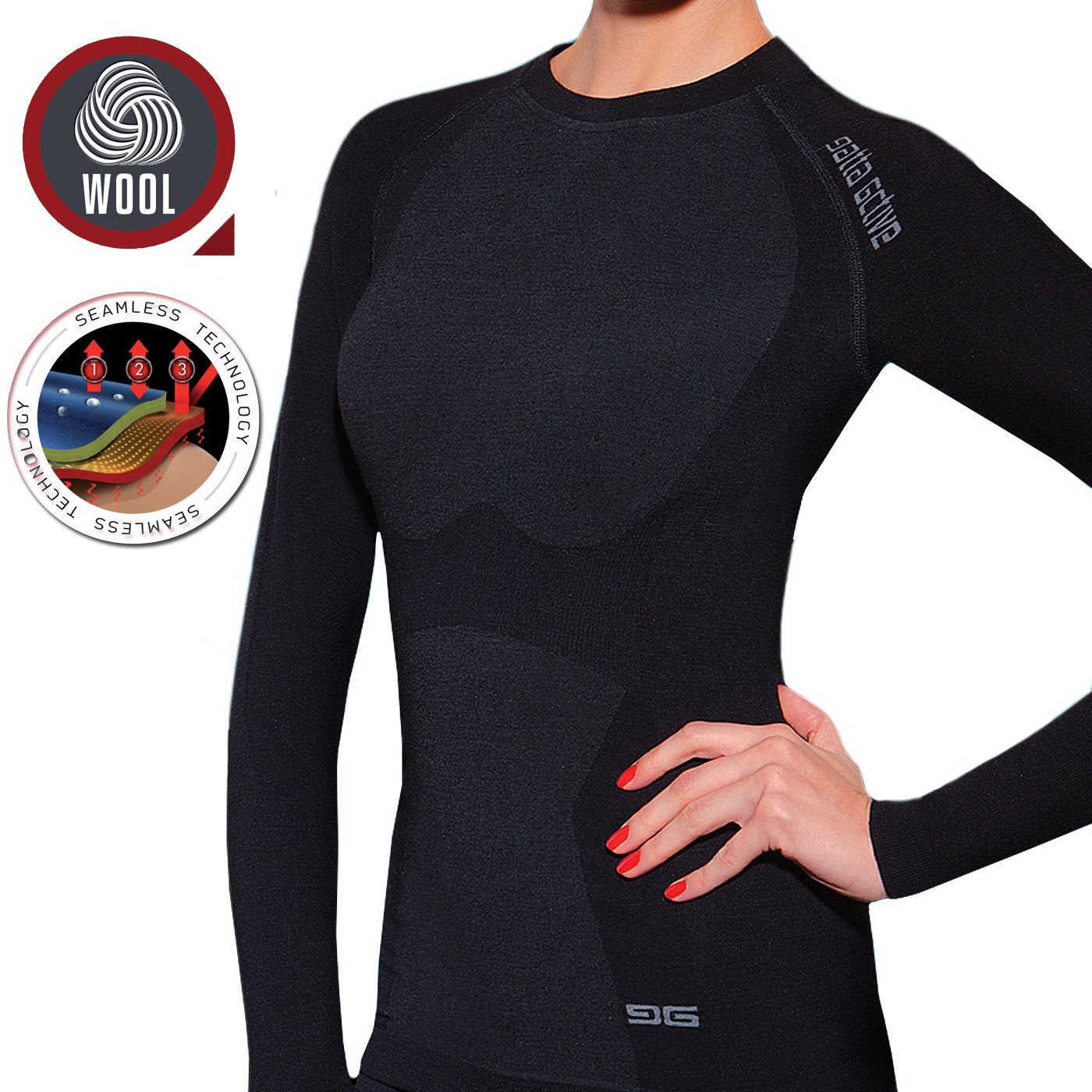gatta Active – Camiseta de Manga Larga Merino Lana Interior de esquí térmica de Ropa, Invierno, Mujer, Color Negro, tamaño Medium