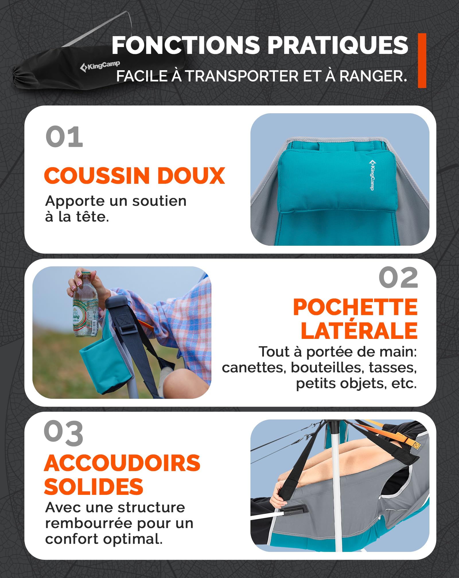 KingCamp Chaise de Camping à Bascule avec Repose-Pieds Pliable Cyan | Dossier Réglable 90–130°, Jusqu'à 180 kg, Cadre en Aluminium, Appui-Tête, Porte-Gobelet pour Camping et Jardin