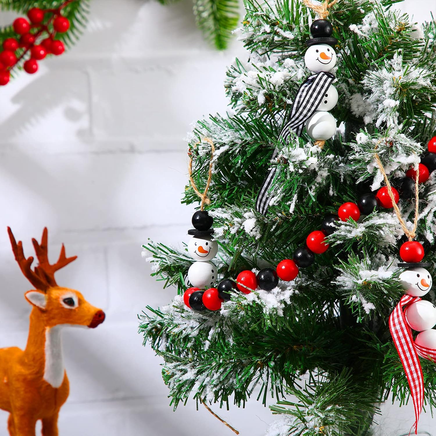 180 Piece DIY Christmas Crafts for Adults Snowman Wooden Bead for Crafts Winter Wooden Bead Christmas Buffalo Plaid Wood Round Print Beads with DIY Twine Scarf (Vivid Color) - Image 5