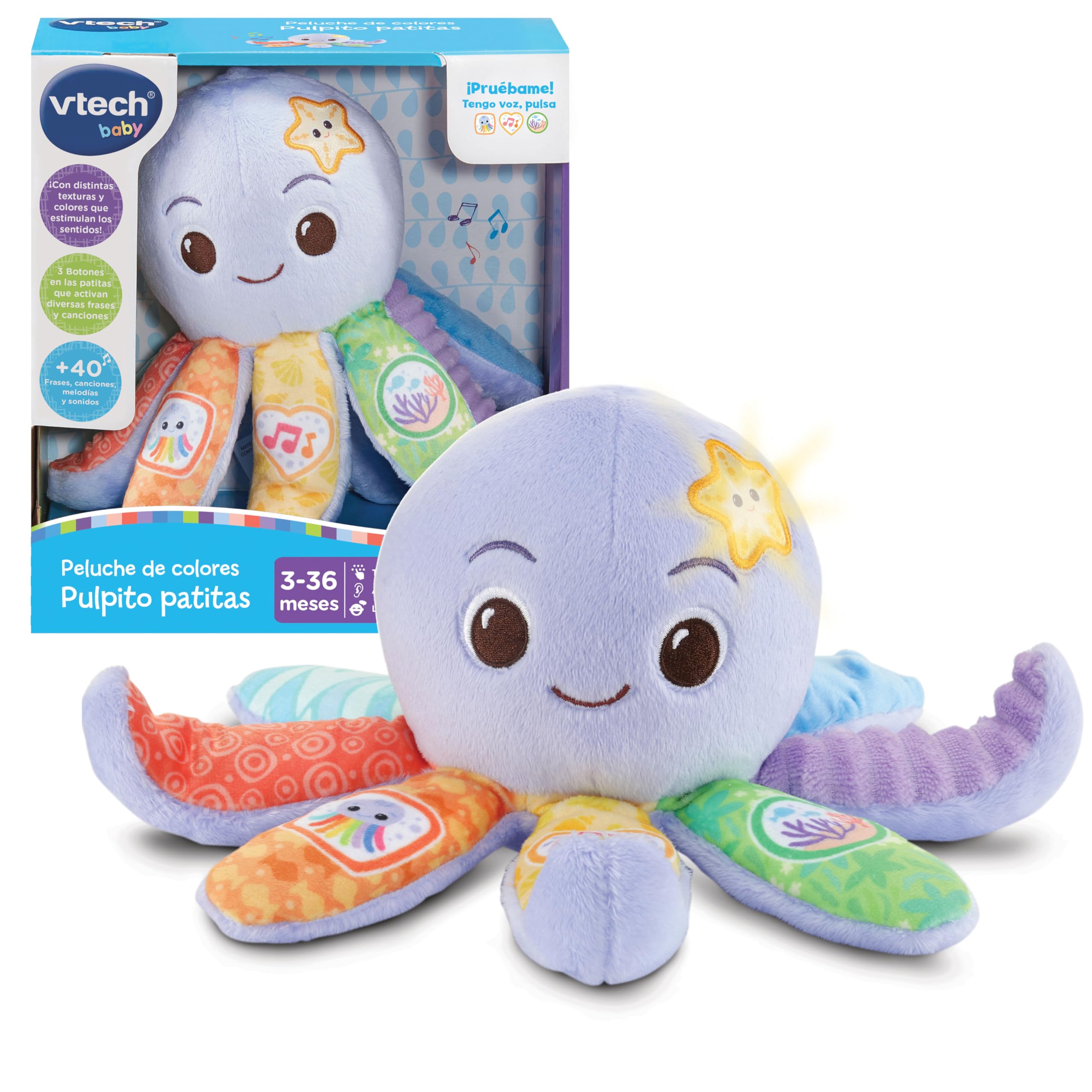 VTech-Baby Peluche bebés Pulpo patitas, Peluche de Colores Interactivo, Texturas Suaves, Estimula los sentidos, Botones en tentáculos, Estrella de mar Luminosa, Regalo bebés +9 Meses, Versión ESP