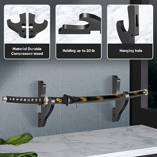 Miniatura 5 de 6 ganchos de espada para montaje en pared, gancho de espada samurái para pared, estante de espada de madera, soporte decorativo para Katana,