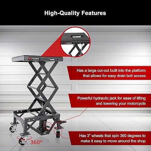 Miniatura 3 de Tusk Soporte elevador de tijera, ajustable de 13.75 a 34 pulgadas, soporte de elevación de motocicleta resistente con ruedas y almohadilla superior