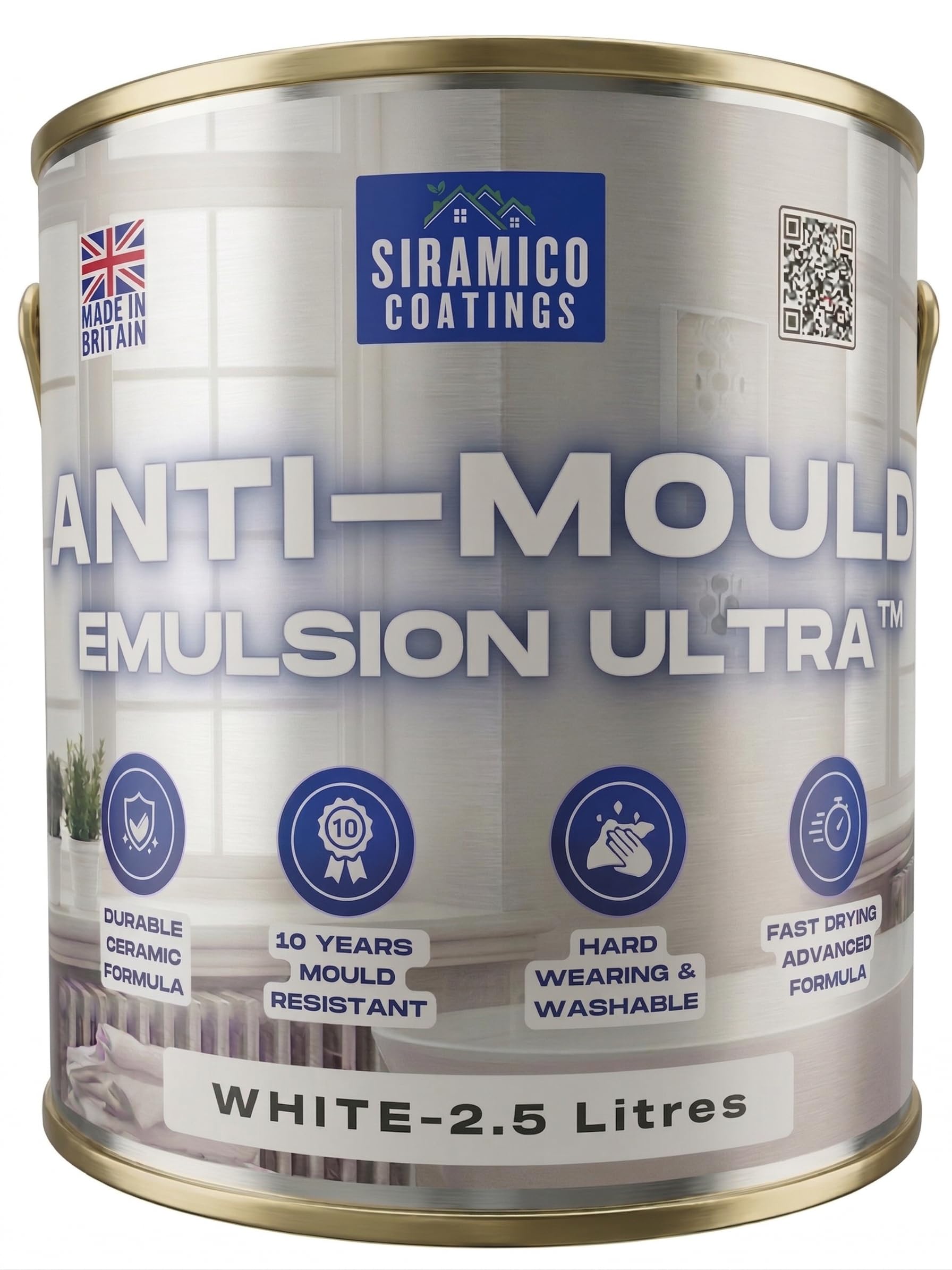SIRAMICO COATINGS I Anti Mould Paint Ultra I 2.5 Litres I Brilliant White Matt Finish I 10 Year Anti Mould Protection Emulsion Paint For Bathrooms, Kitchens, Walls and Ceilings