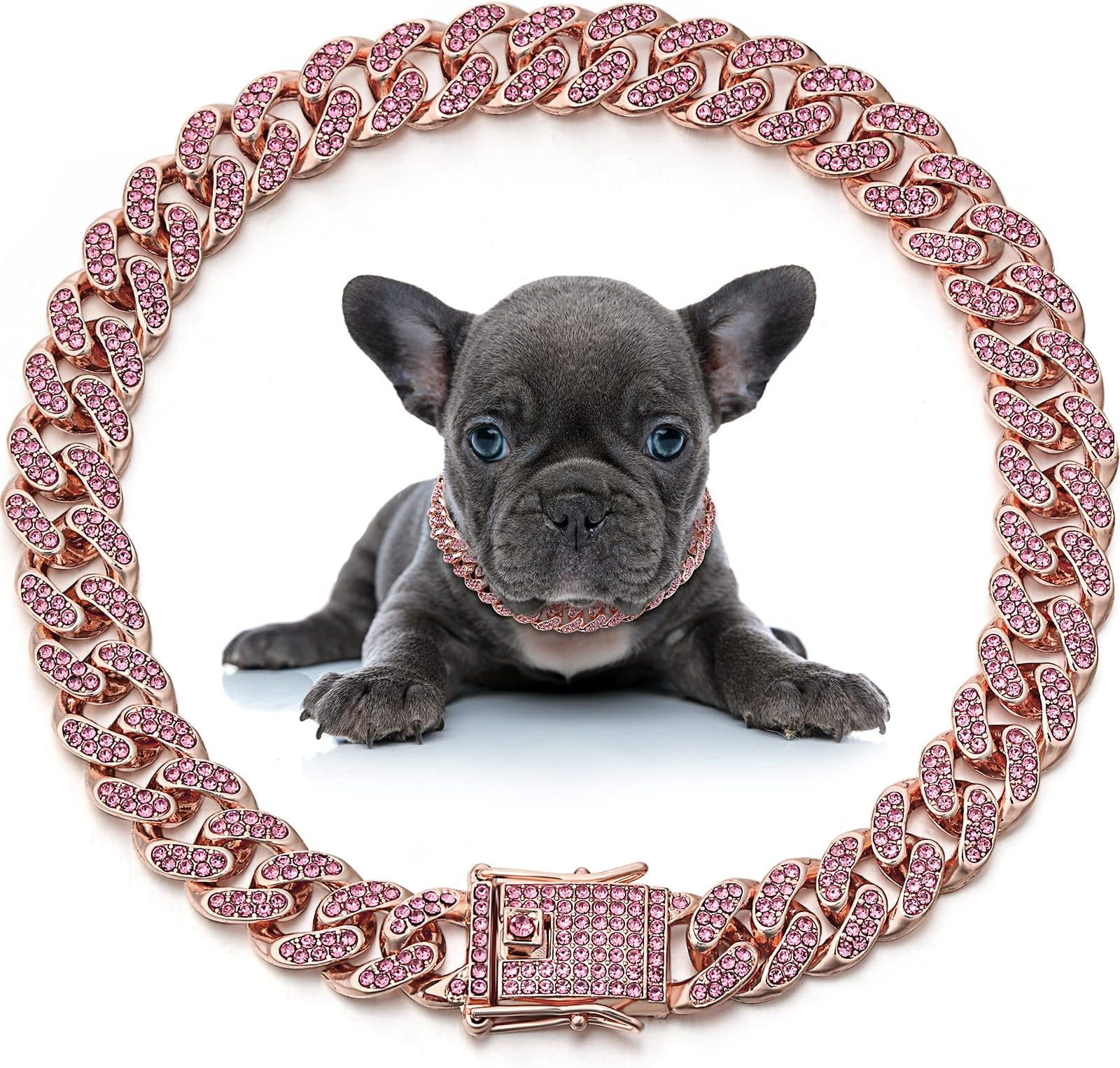LEIFIDE Dog Cat Chain Collar Diamond Collar 12 mm Wide Chain for Cat Metal Small Dog Collar Pet Crystal Collar Necklace Accessories for Cats Puppy Link Gifts (Rose Gold, Pink,16 Inch)