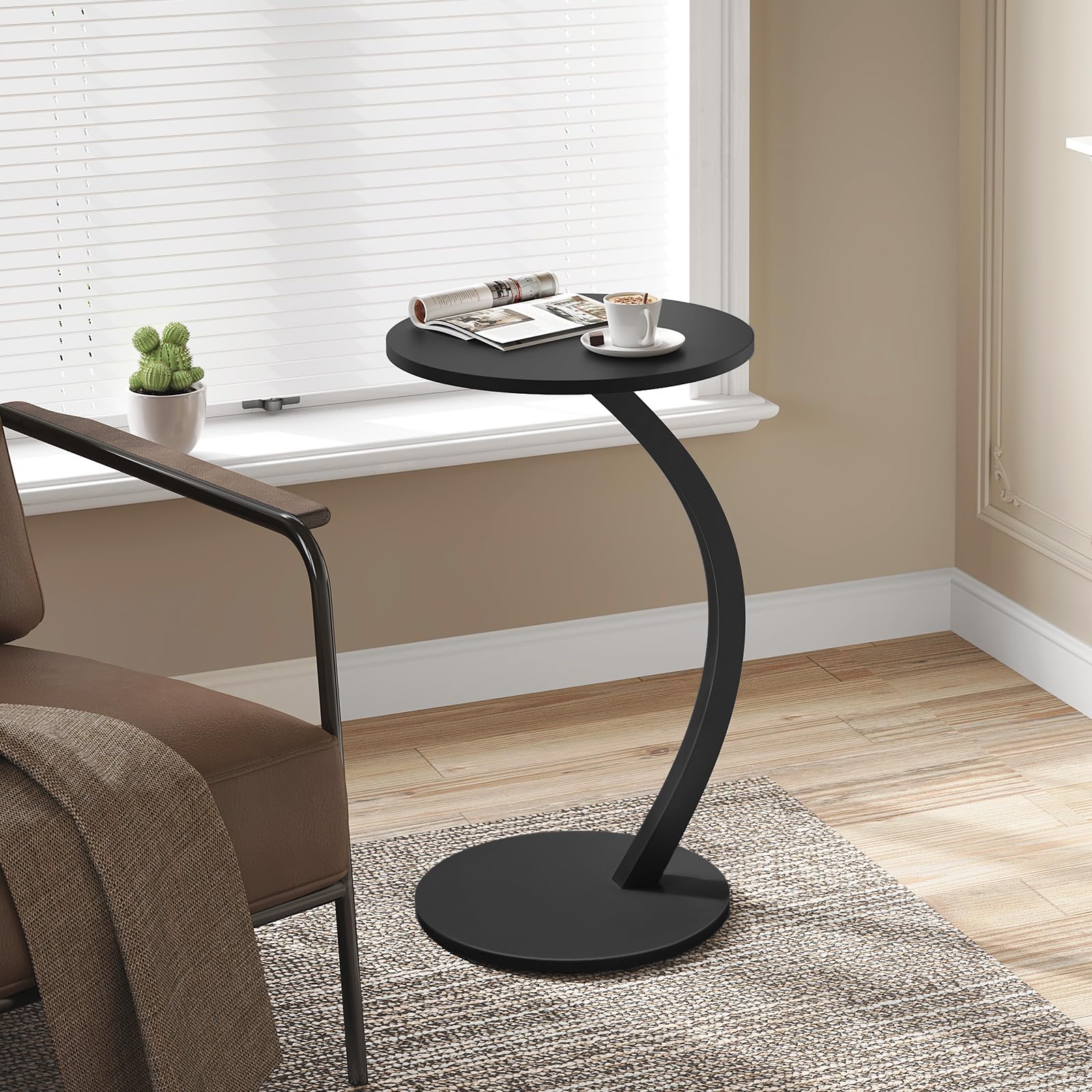 WOLTU Tavolino Rotondo a Forma di C, Tavolino per Divano Letto, con Struttura in Metallo Piano in MDF, φ40xH65 cm, Nero, BTS21sz
