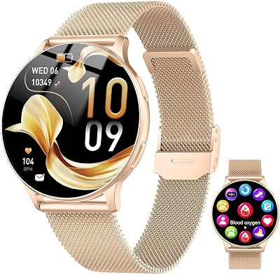 Jugeman Montre Connectée Femme avec Appel Bluetooth, 1.32″ Smartwatch avec Fréquence Cardiaque/SpO2/Sommeil Montre, 120+ Mode Sportifs Montre, IP68 étanche Fitness Podomètre Android iOS, A-Gold