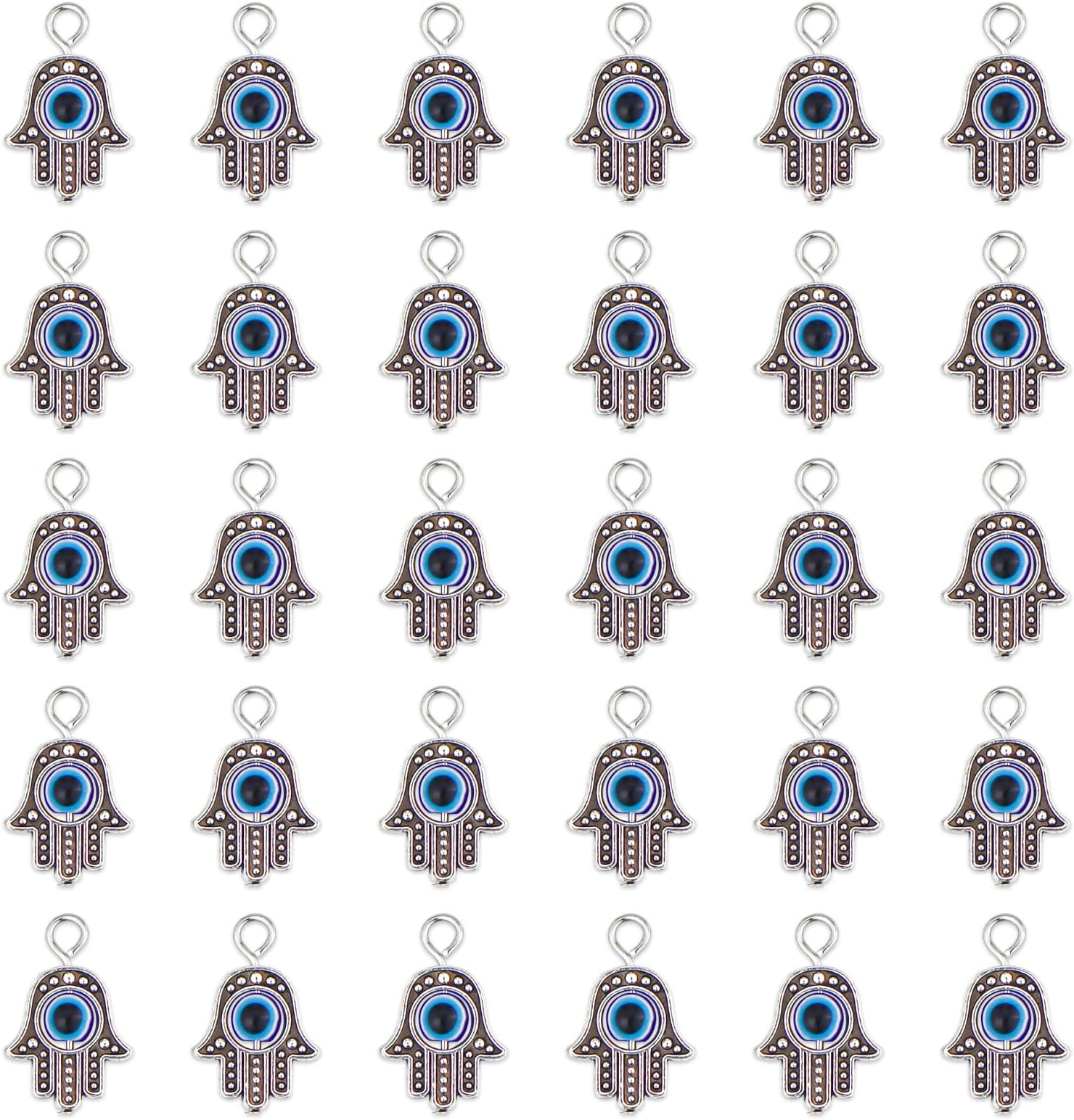 JIALEEY 30PCS Antique Silver Hamsa Hand Evil Eye Bead of Fatima Symbol Charms Hamsa Hand Beads Frame Charms for Jewelry Making Findings DIY Necklace Bracelet