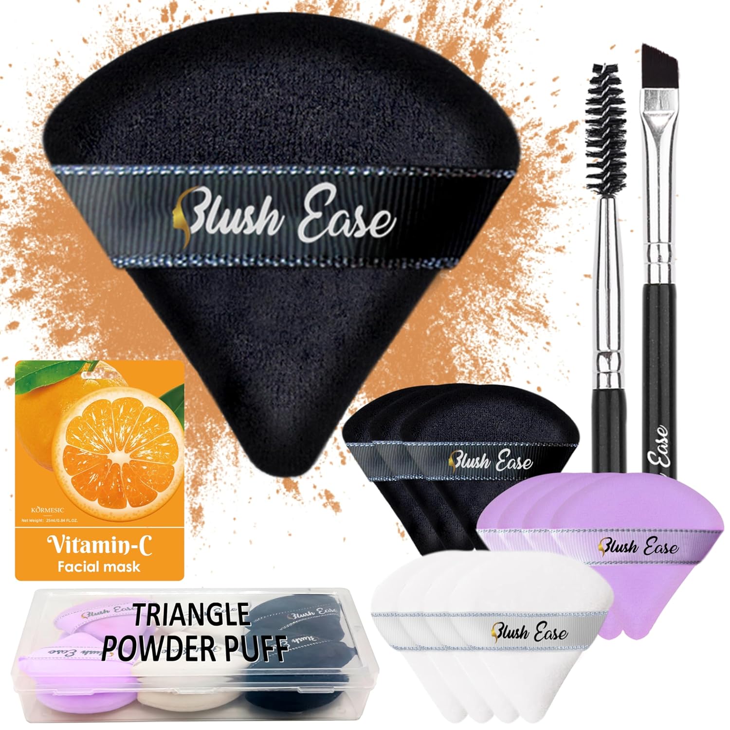 Triangle Powder Puff, 12 Makeup Puffs, Makeup Powder Puffs for face powder, Setting Powder Puff for Loose Powder and Cosmetic Foundation, Eyelash brush & Eyebrow brush as Add-on (Black, White, Purple)