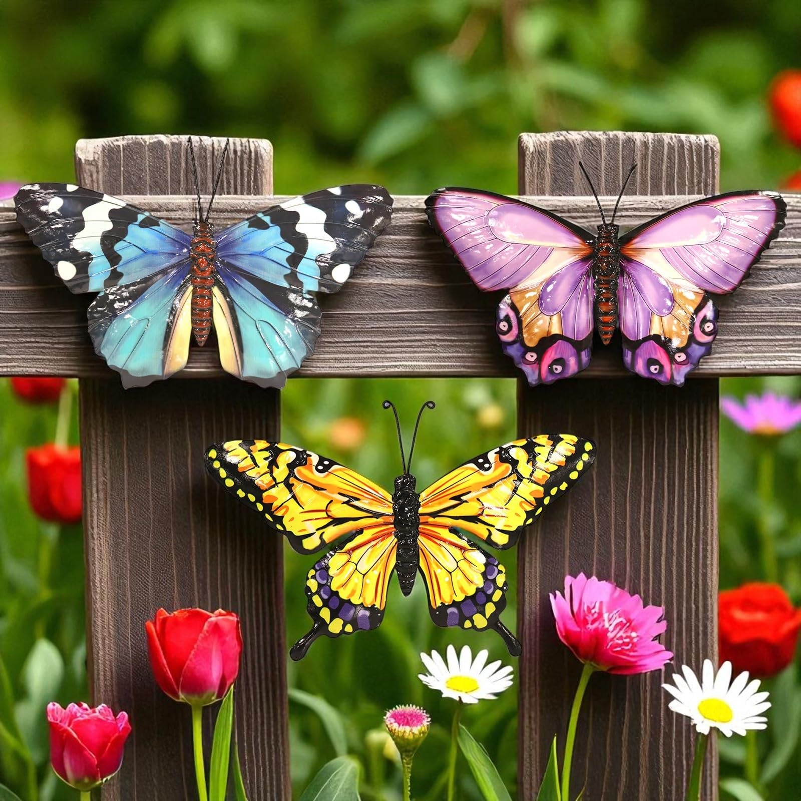 Epsom Door Handle Metal Butterfly Wall Art – 3D Hand-Painted Indoor/Outdoor Decoration for Fence, Garden, Patio or Home | Weatherproof Metal Sculpture – 6 Colours (3 Small 14 x 23 x 1 CM)