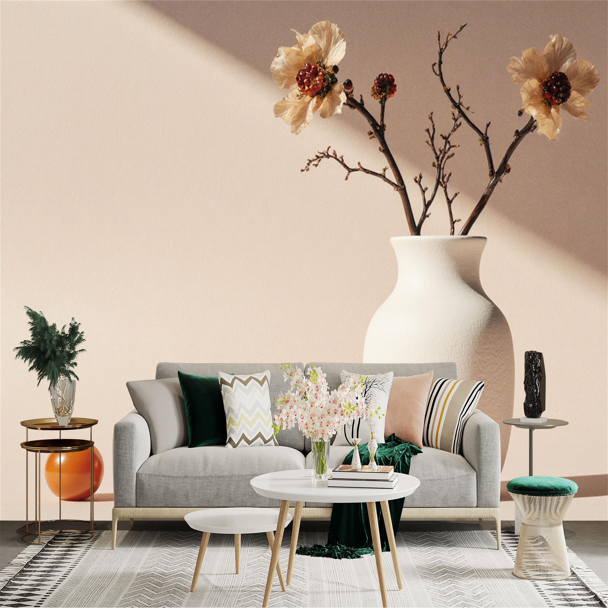 Custom Size Wall Sticker Mural， Dried Flower Bouquet in White Vase， Minimalist Still Life， Warm Neutral Tones， for wall Decoration， peelandstick wall Decals.
