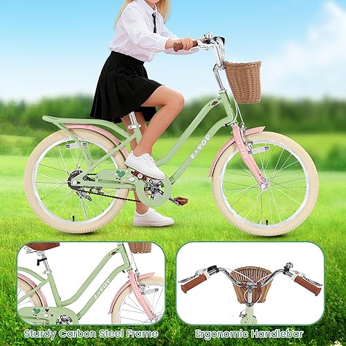 Miniatura 7 de Bicicleta de 20 pulgadas para niñas de 8 a 12 años, bicicleta para niños con canasta, bicicleta infantil de una sola velocidad con soporte, frenos