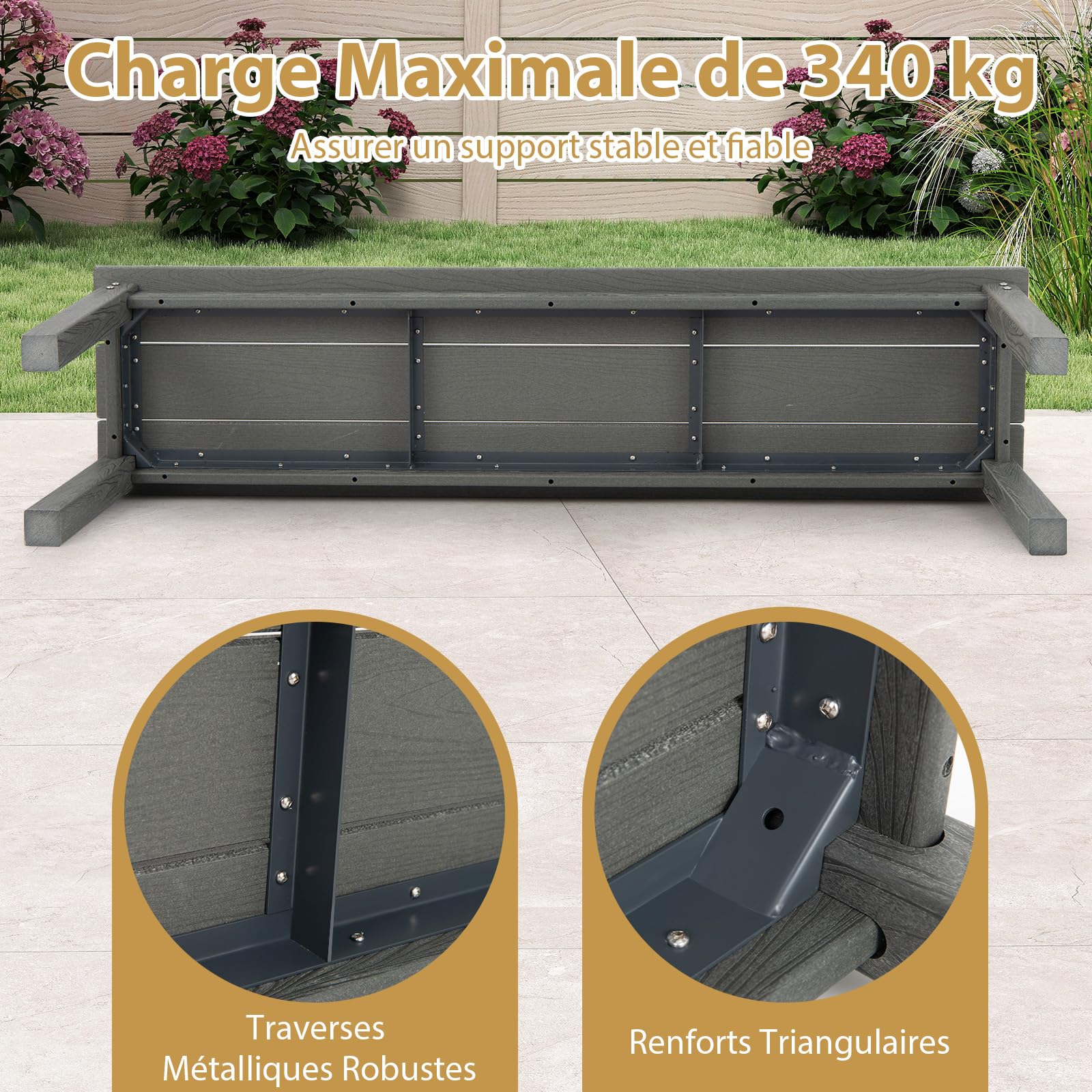 COSTWAY Banc Exterieur Jardin pour 2-3 Personnes, Banc de Jardin en HDPE, Surface en Grain de Bois, Barres en Métal, Banquette pour Porche Piscine Cour, Charge 340 kg, 140 × 35 × 45 cm (Gris)