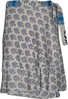 Mogul Interior Women Short Wrap Around Skirt Two Layer Reversible Blue Printed Magic Skirts OneSize