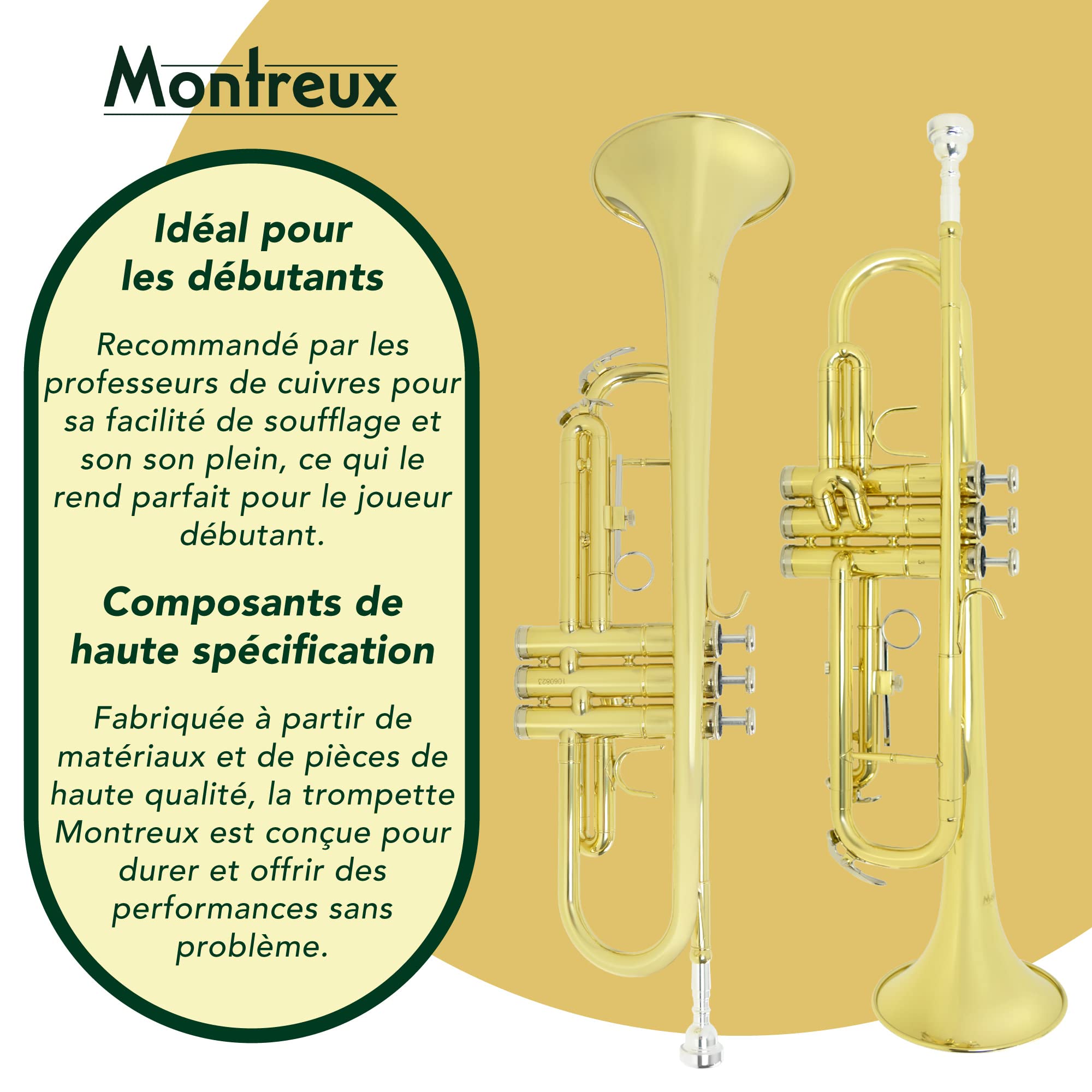 Montreux Student Bb Trompette pour débutants avec étui de protection léger, embouchure 7C - Laiton laqué, pavillon 12 cm, si bémol