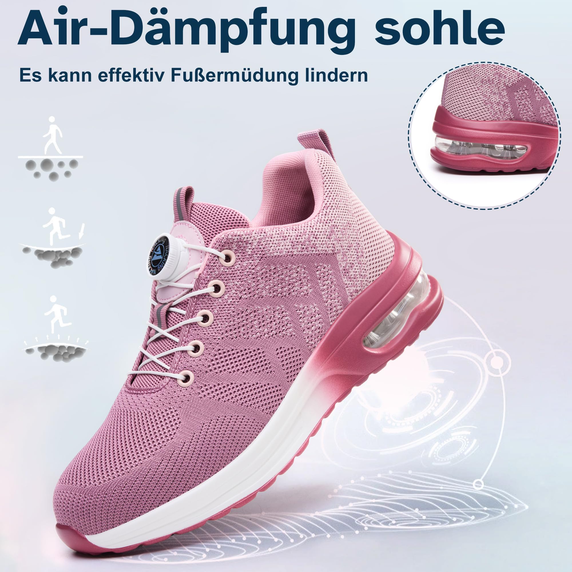 Buty bezpieczne robocze Obuwie ochronne Lekkie przewiewna, różowe, 39 EU | z stalowym czubkiem podeszwą kevlarową odporną na przebicia, system zapinania z pokrętłem, amortyzacja powietrzna