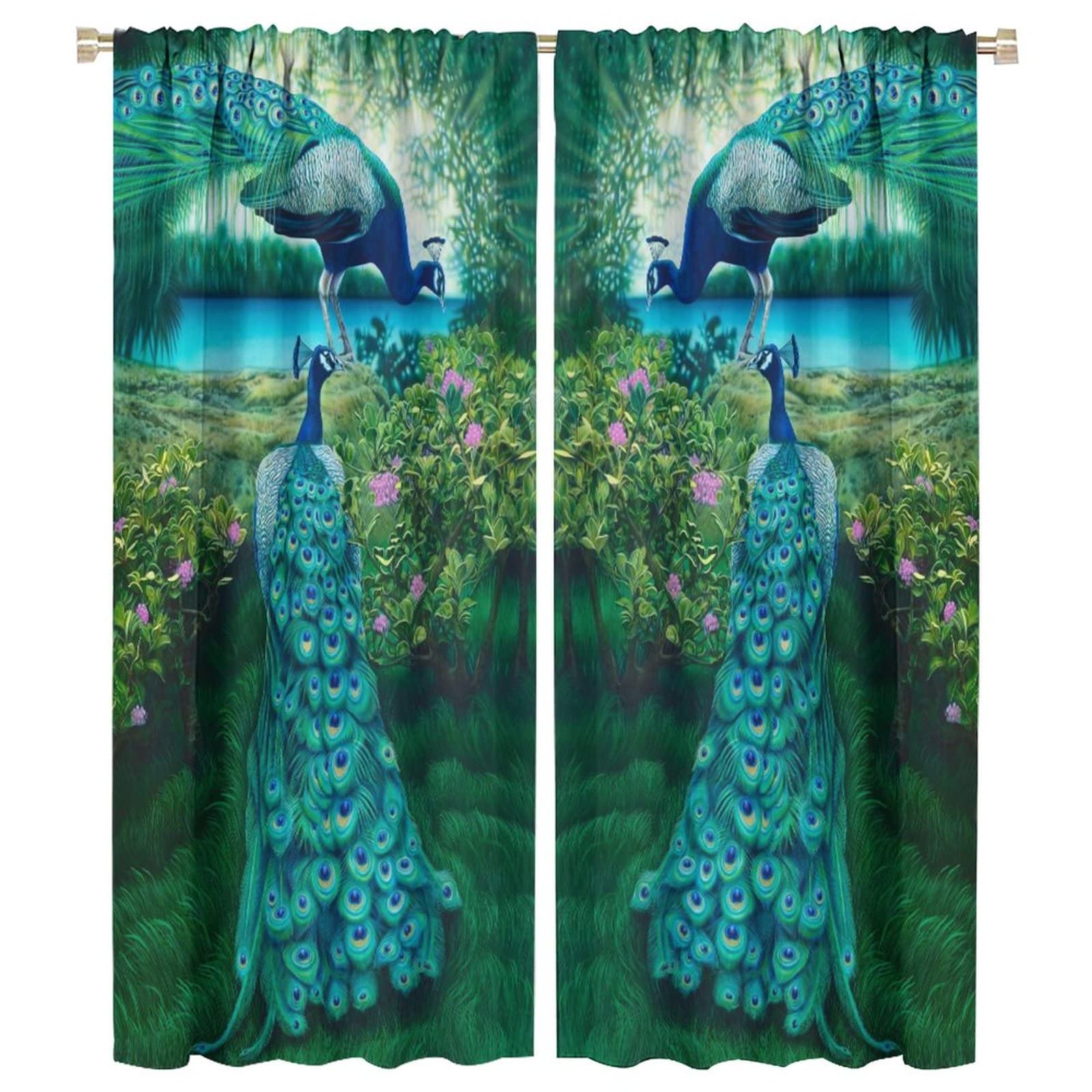 Peacock Blackout Curtain,Retro Animal Window Drapes Green Garden Peacock Rod Pocket Curtain for Living Room Kids Room Girls Boys Nursery Bedroom Decor,Total Size of The 2 Panels is 42x54in