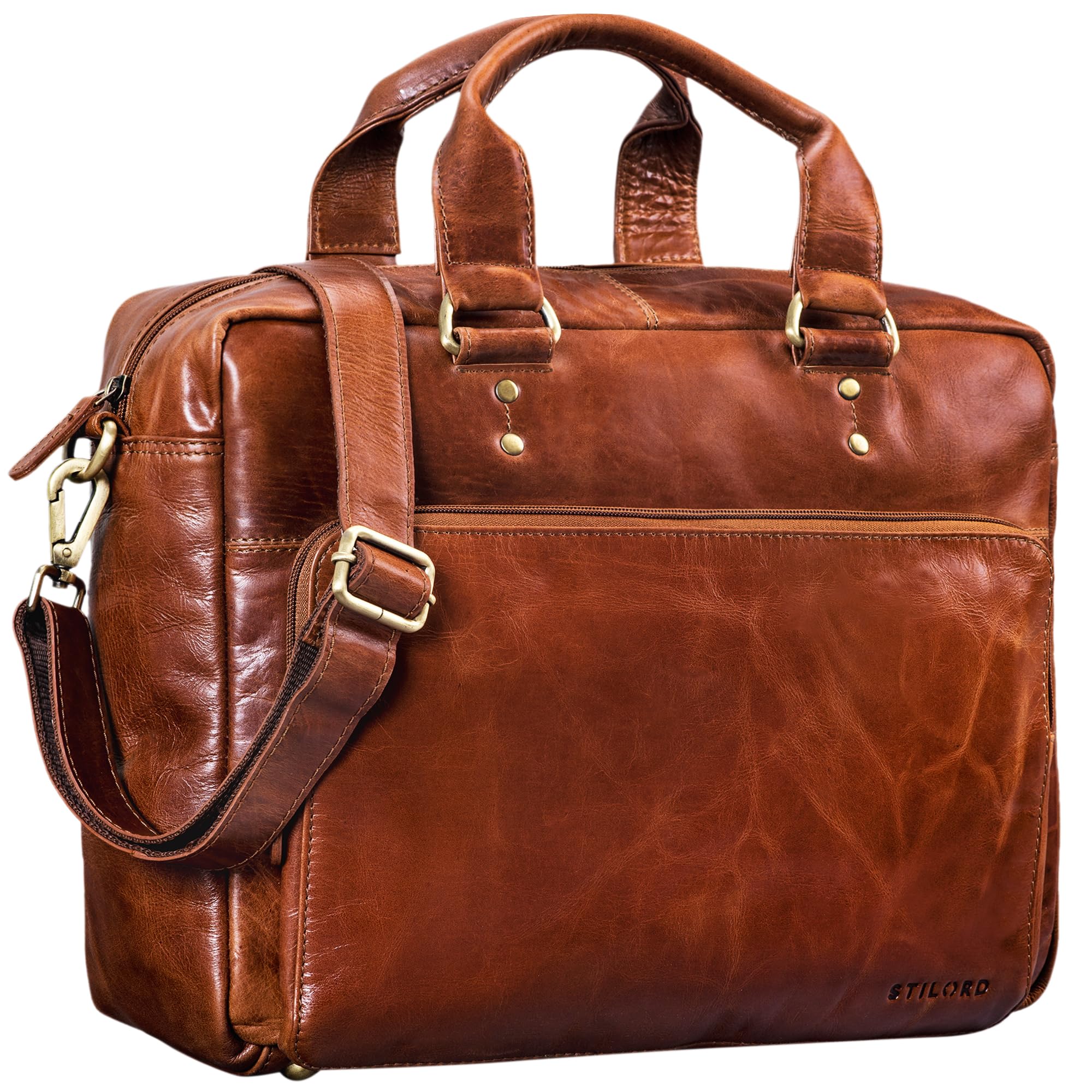 STILORD Jack Ledertasche Aktentasche Herren Vintage Umhängetasche für Büro Business Arbeit 13,3 Zoll Laptoptasche für große DIN A4 Aktenordner echtes Leder Farbe:Cognac - glänzend