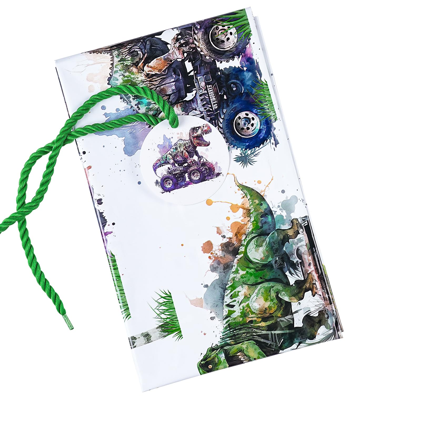 Loveinside Jumbo Large Plastic Gift Bag, Dinosaur with Tropical Monster Truck Design Design Plastic Bag with Tag and Tie for Boys' Birthday Party Gifts and Celebration - 56" x 36", 1 Pcs