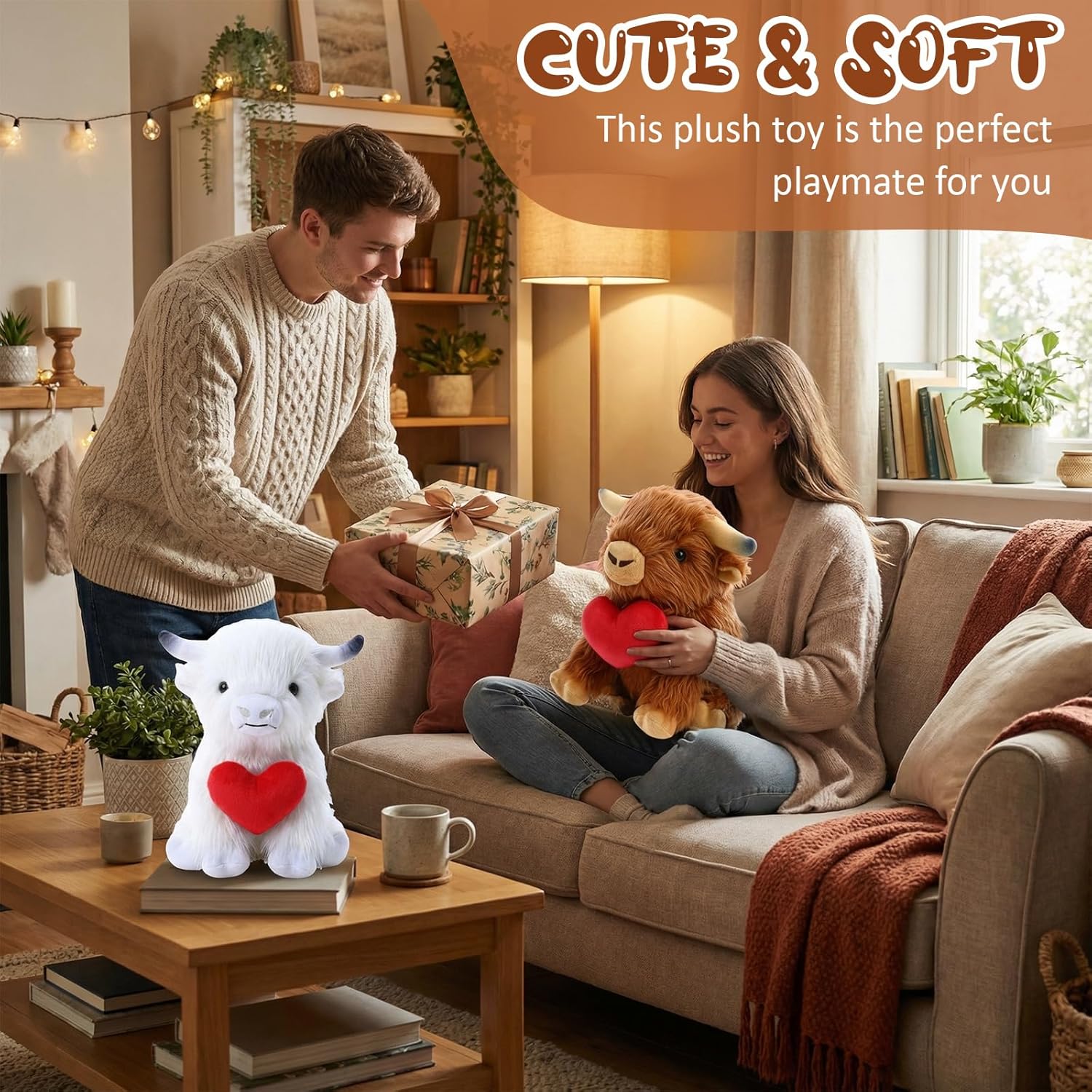 4 Pcs Valentine's Day Love Stuffed Plush Gift, Cute Highland Cow Stuffed Plush with Holding Heart, Animal Love Toys Sweet Romantic Valentines Hugging Gift for Couples Wife Husband