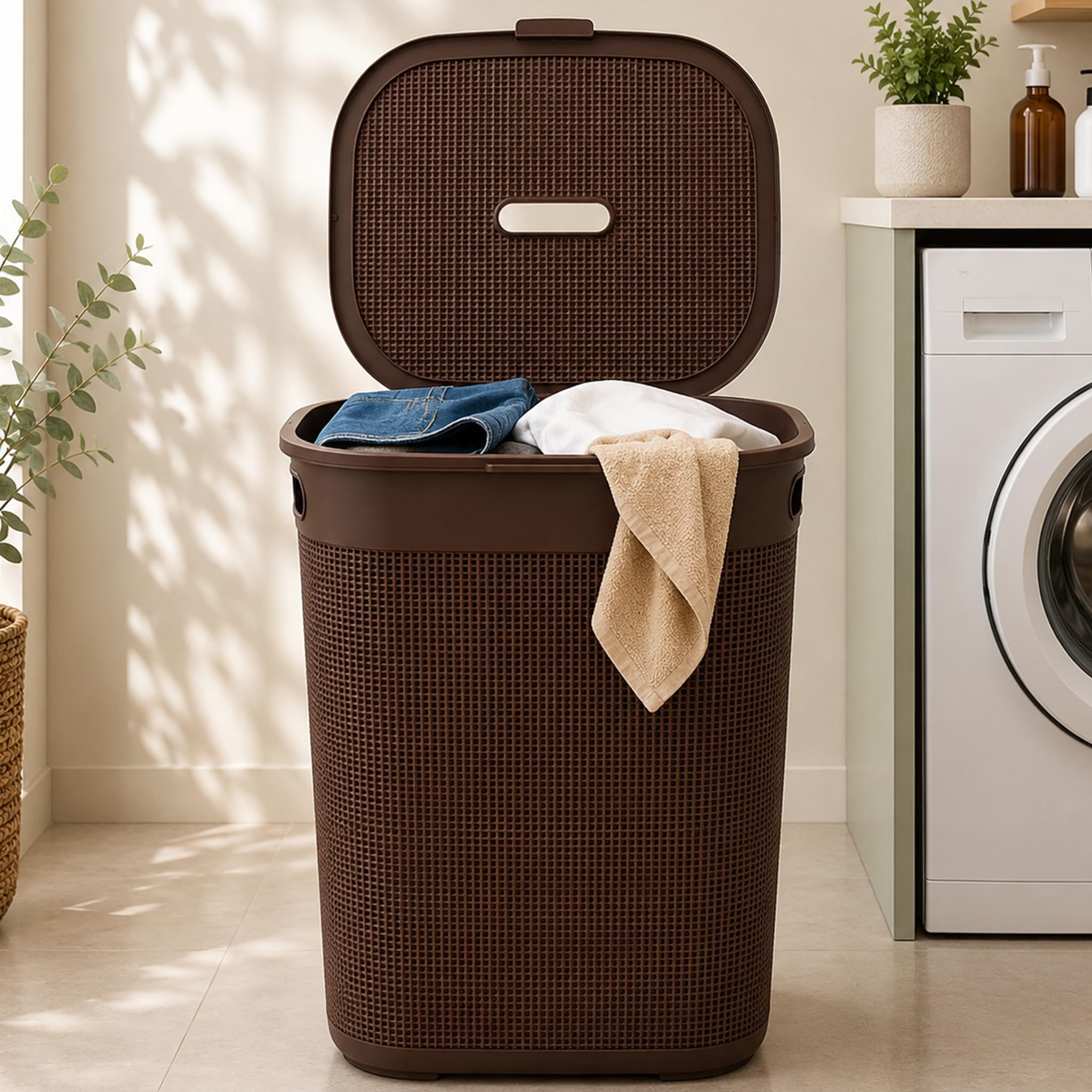 TEX-RO 55L Laundry Basket with Lid, Brown Plastic Clothes Storage Basket with Handles, Large Dirty Clothes Hamper for Laundry, Bathroom & Bedroom, Multipurpose Storage Basket for Home-image-23