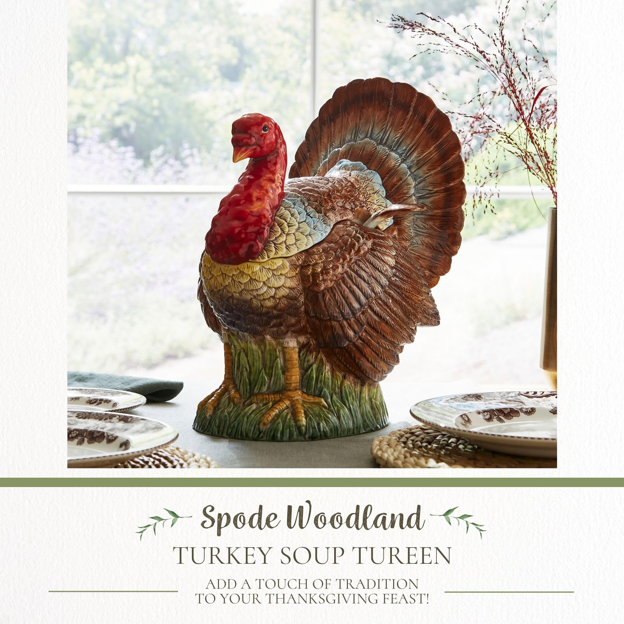 Spode 96oz Turkey-Shaped Soup Tureen - Dolomite Thanksgiving Serveware | Large Table Centerpiece | Decorative Serving Bowl with Lid | Holiday Soup Bowl, For Thanksgiving Dinner and Festive Meals
