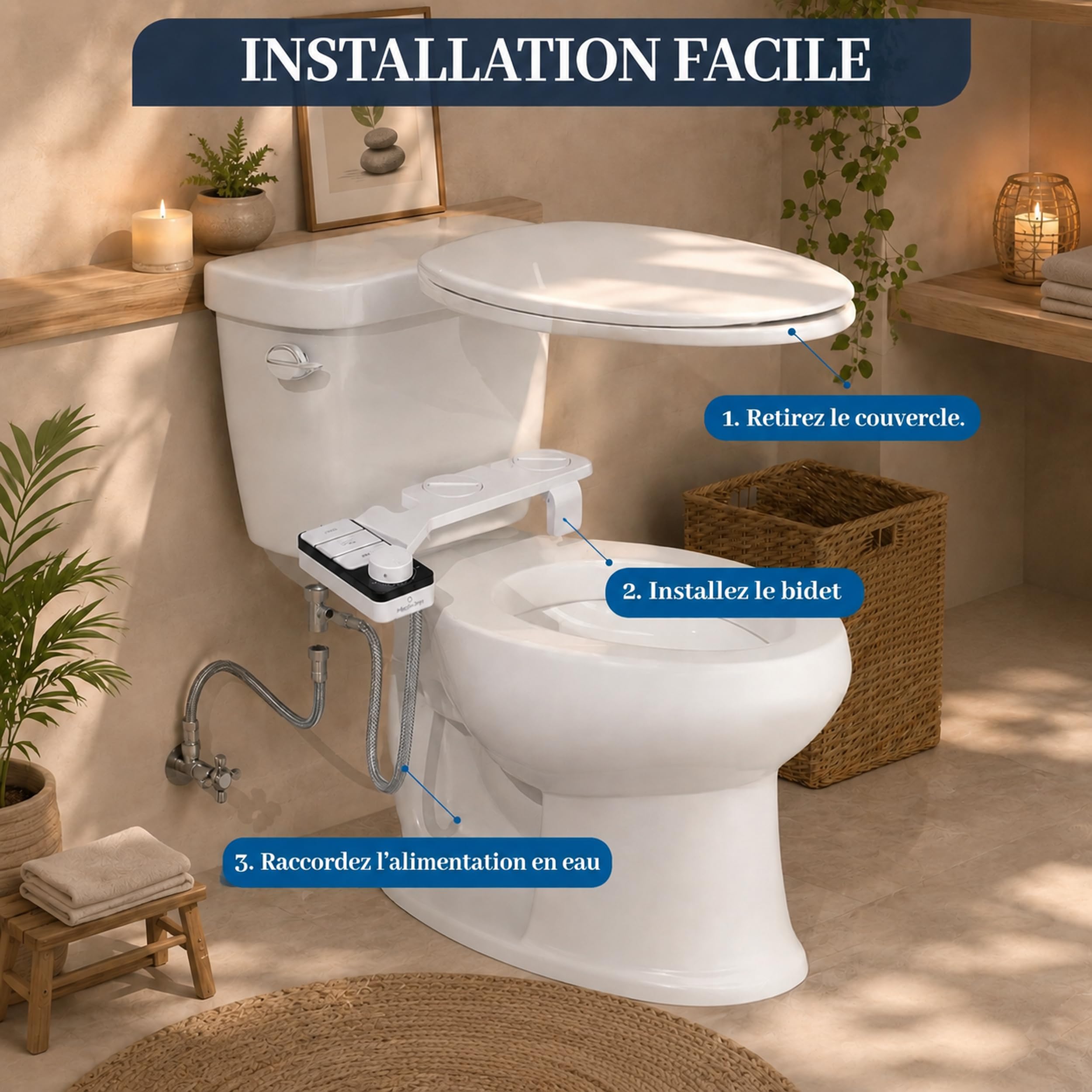 Toilette Japonaise – Kit Bidet WC Japonais Sans Électricité – Double Buse Avant/Arrière Autonettoyante – Bidet Toilette Pression Réglable – Abattant WC lavant hygiène intime facile à installer