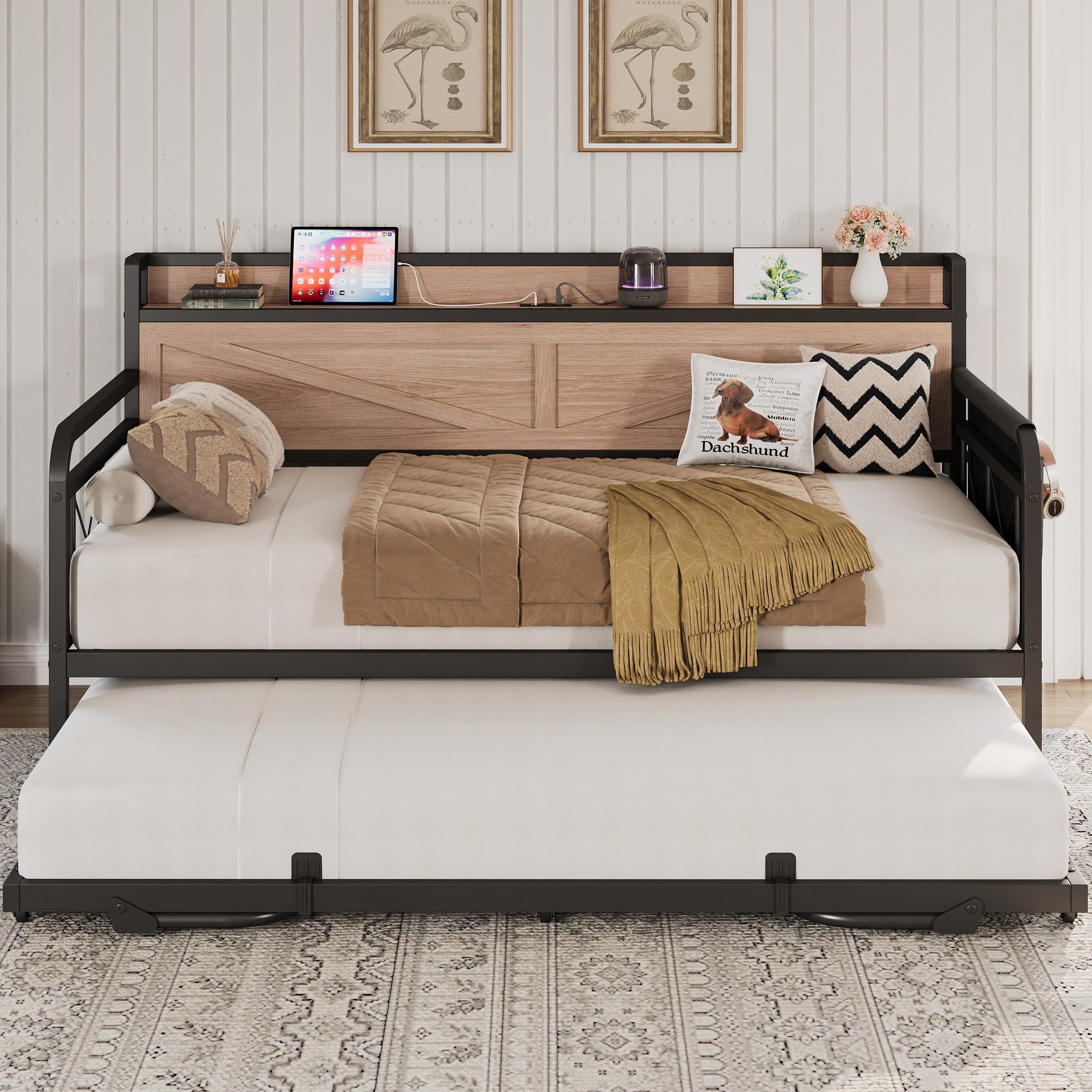 LIKIMIO Twin Daybed with Pop Up Trundle Wood Color