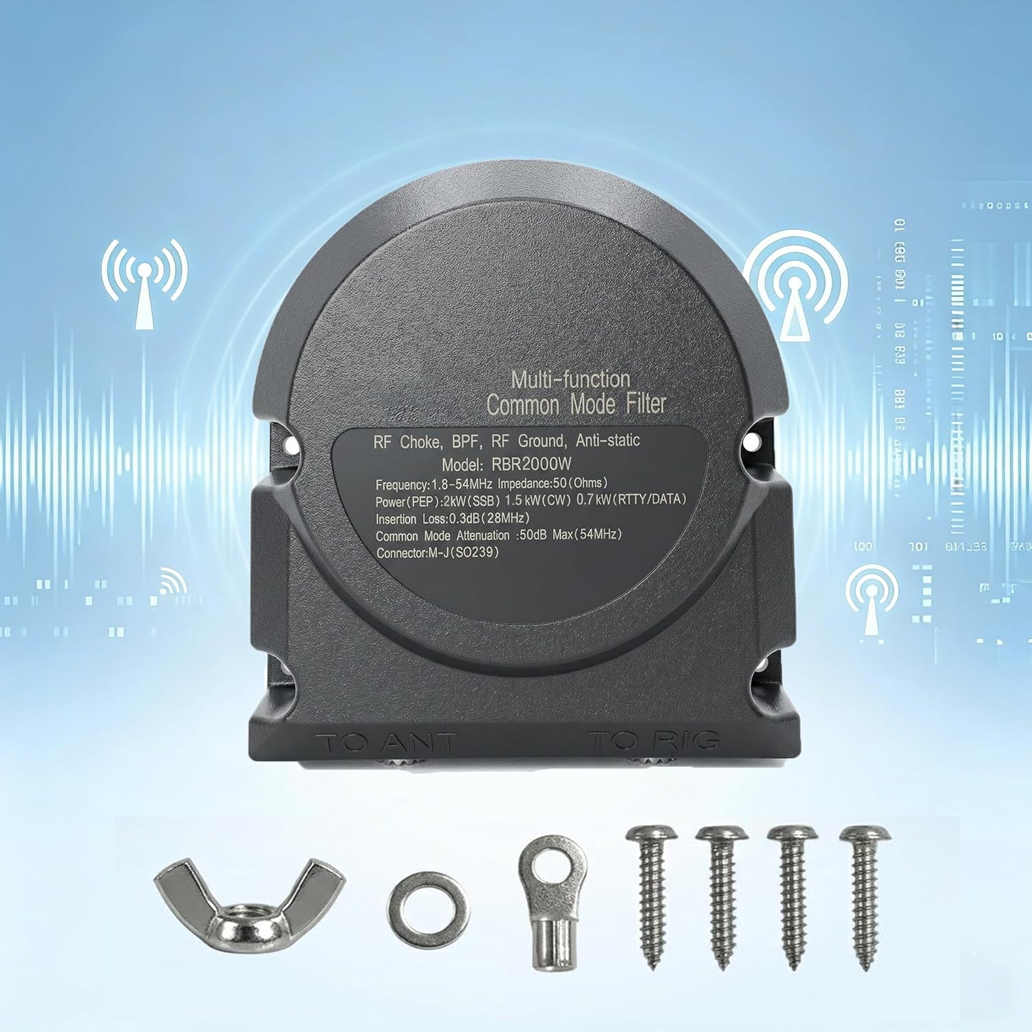 RBR2000W High-Power 2000W Common Mode Filter, 1.8-54MHz Waterproof RFI Reduction Choke & RF Ground, 3-in-1 Band-Pass Filter for Amateur Radio Outdoor/Indoor Use