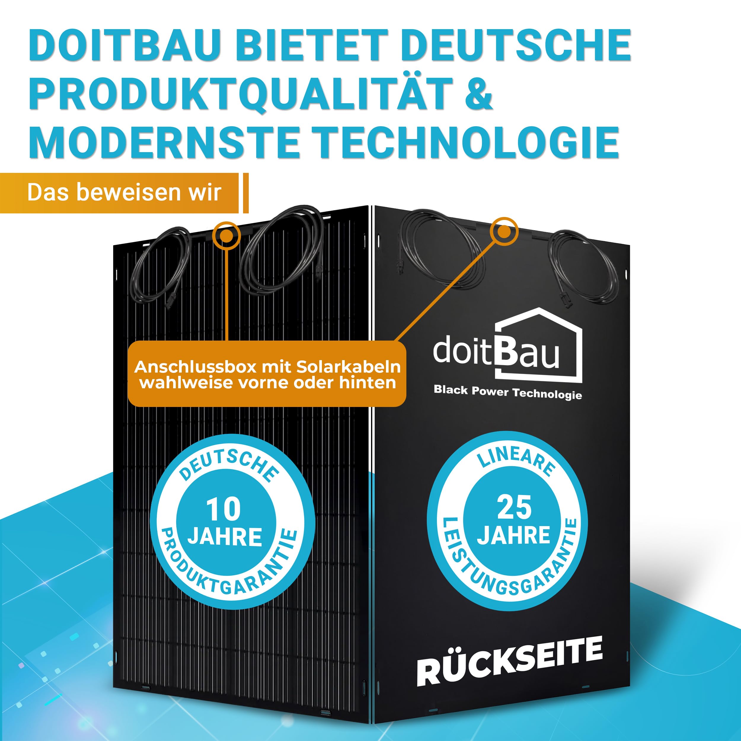 doitBau - Flexibles Solarpanel 200 Watt Full-Black mit Befestigung DB200FLEX I Anschlussbox vorne I Solarmodule für Balkonkraftwerk, Camping, Boot I Mit 19,5% Wirkungsgrad I Solarmodul begehbar