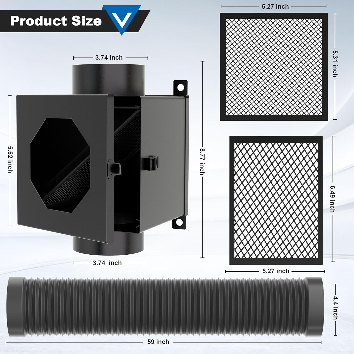 Dryer Lint Trap, Metal Dryer Duct Lint Trap Lint Catcher Collector Box with 90 Degree Dryer Vent Elbow Connector Kit 2 Filter Screens 4 inch Exhaust Hose Clamps Aluminum Foil Tape Cleaning Brush