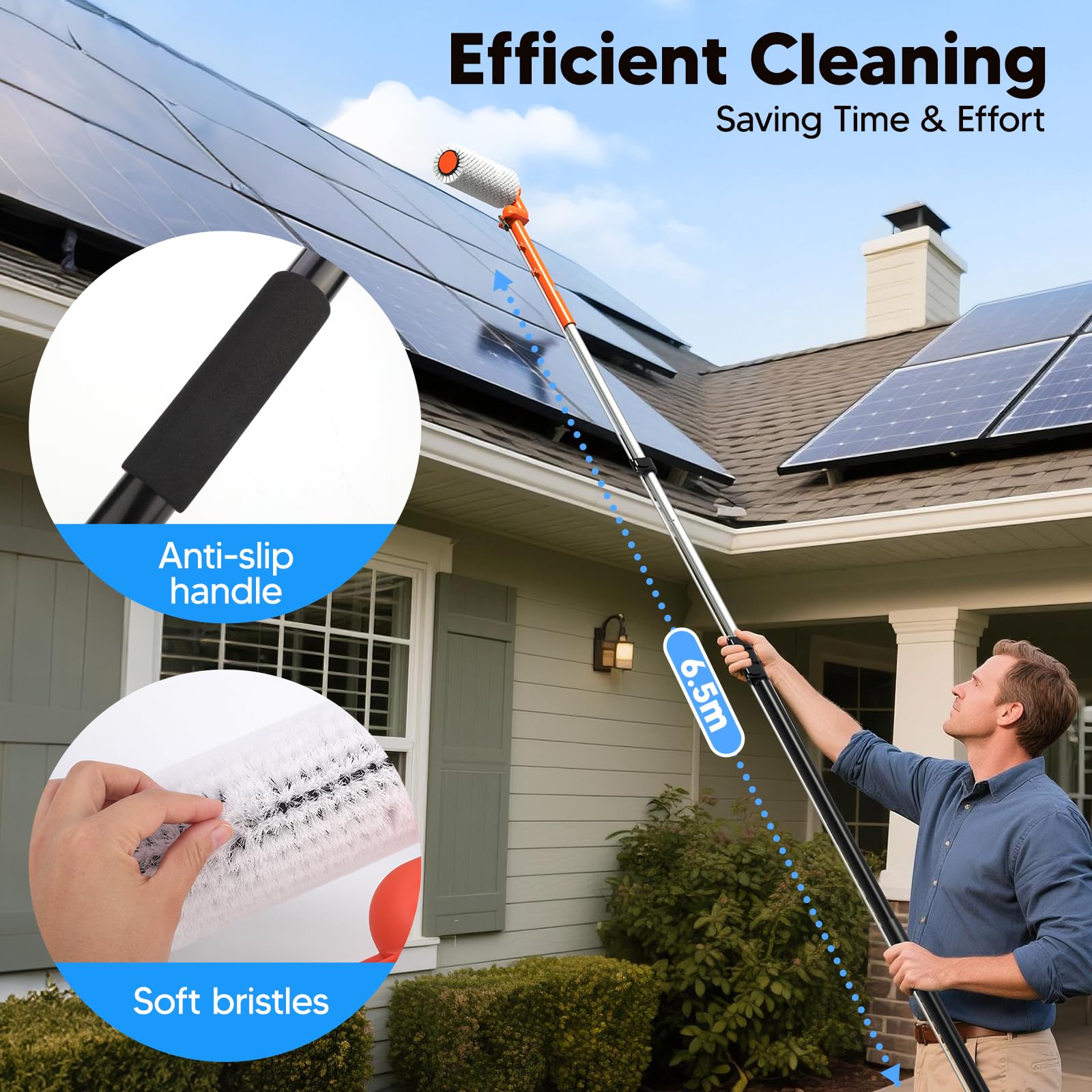 Brosse de Lavage électrique télescopique de 6,5 m - Brosse de Nettoyage électrique à Rouleau avec raccord de Tuyau pour systèmes PV, fenêtres, toits de terrasse et Nettoyage des serres